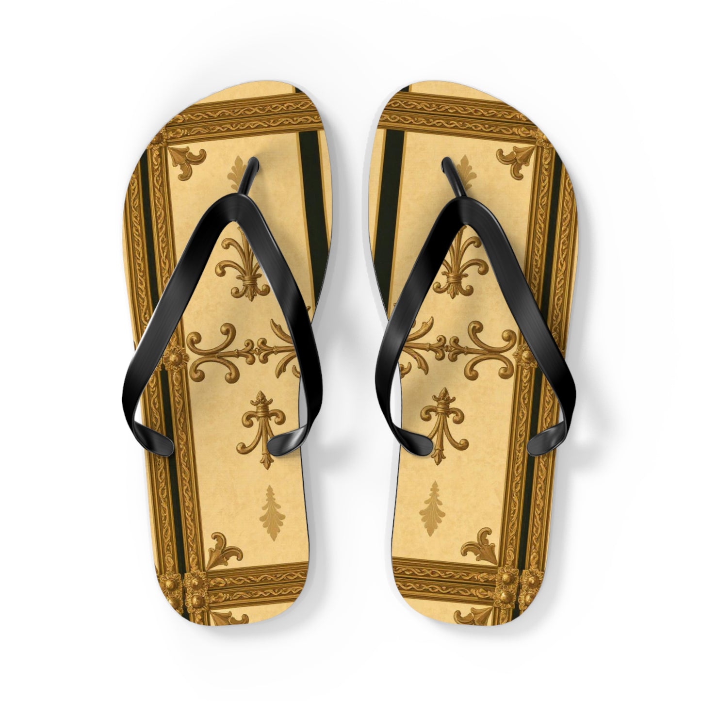 Elegant Vintage Flip Flops, Summer Footwear, Beach Sandals, Vacation Essentials, Relaxation, Unique Gifts - Matte Yellow Striped Antique Rococo
