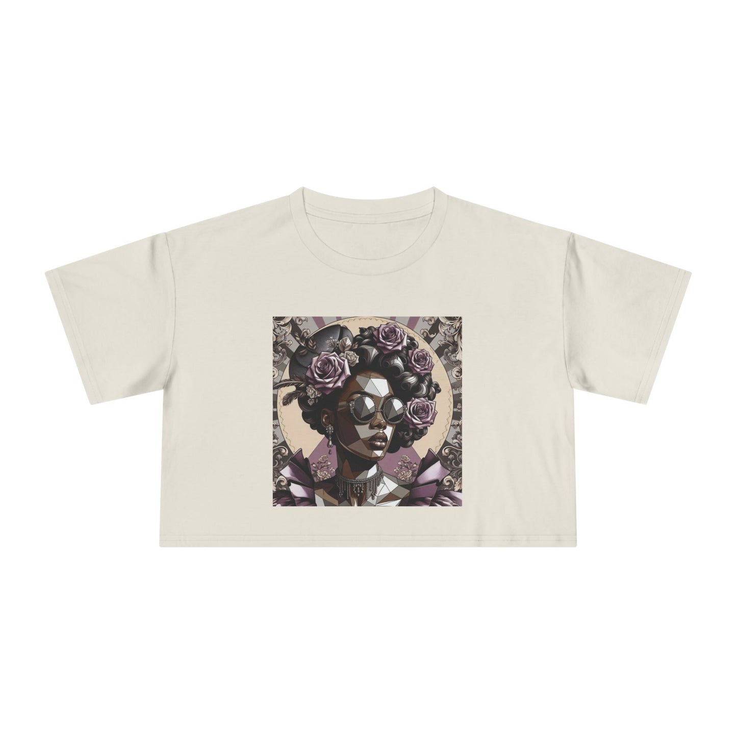 Poly Art Chic Women's Crop Tee - Floral Art Inspired Shirt, Casual Summer Wear, Festival Top, Vintage Style - Lilac Baroque Lady