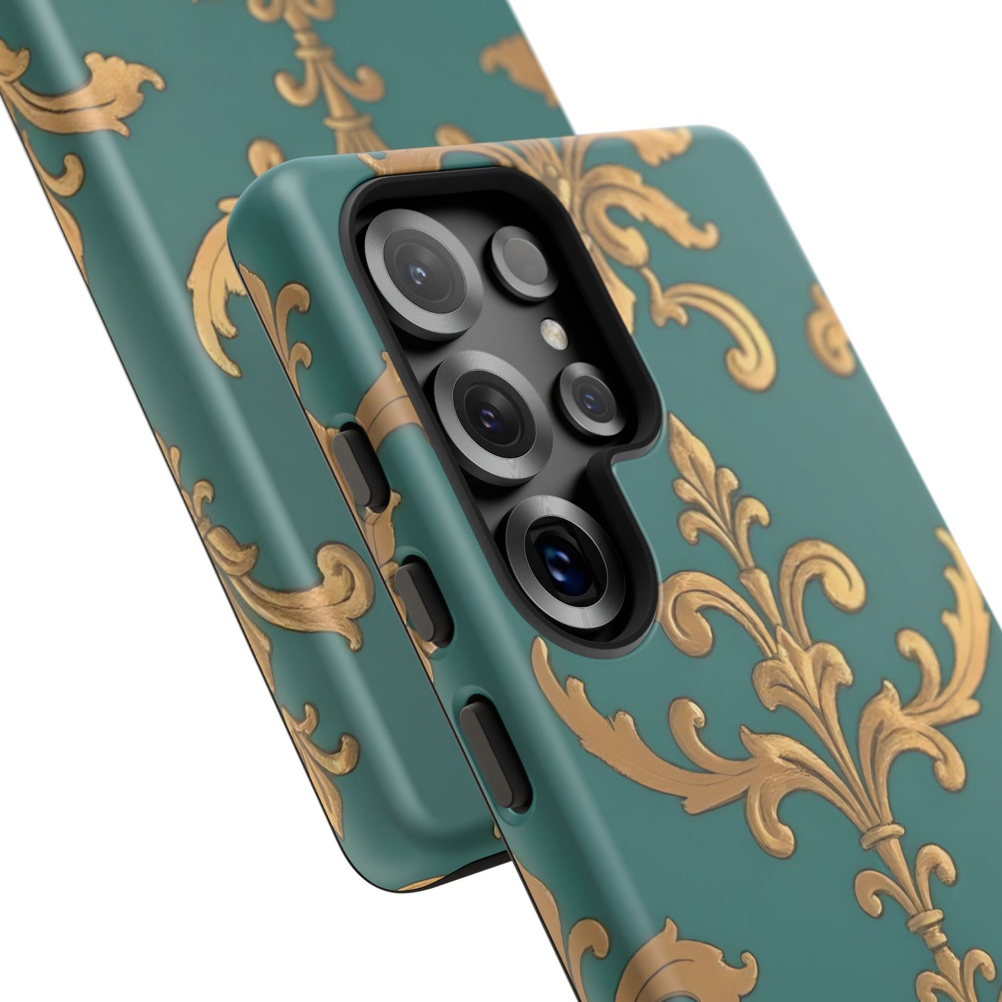 Elegant Floral Motif Phone Case - Tough Cases with Vintage Design - Aqua & Gold Damask