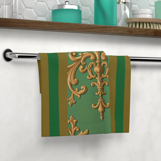 Elegant Decorative Face Towel, Luxury Bathroom Accessory, Spa Towel, Gift for Her, Home Decor, Bath Essentials - Olive Green Striped Rococo