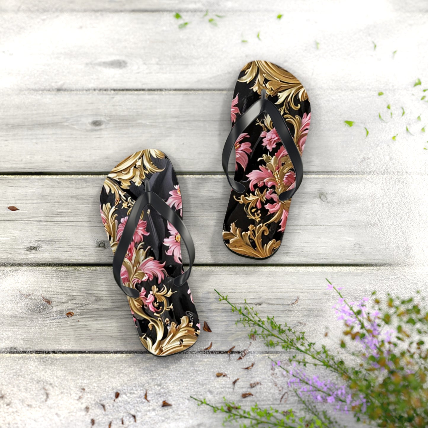 Elegant Floral Flip Flops - Summer Footwear, Beach Sandals, Vacation Accessories, Travel Essentials - Black & Pink Oil Painting Style Rococo
