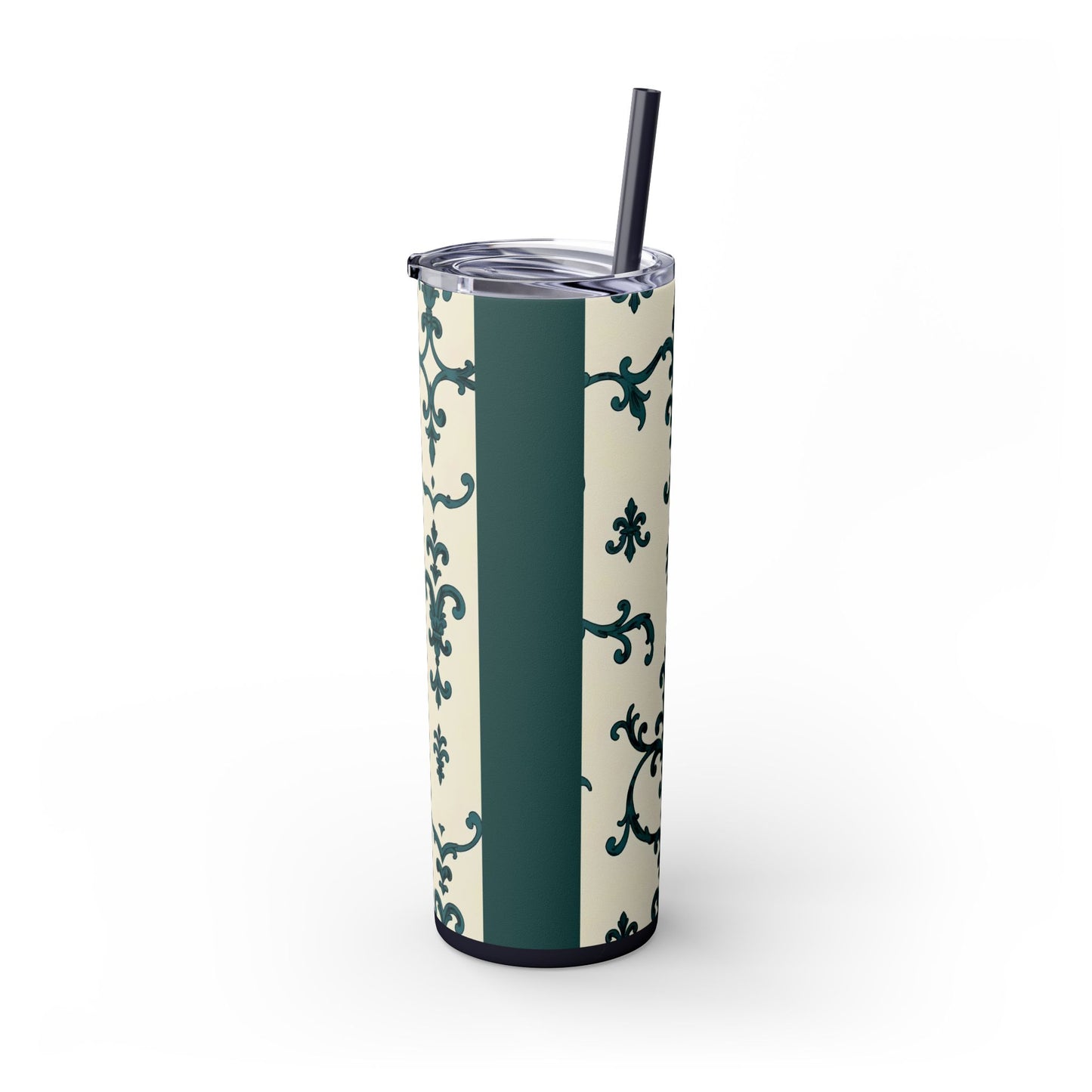 Elegant Floral Skinny Tumbler, 20oz - Stylish Travel Mug for Home, Coffee Lover Gift, Eco-Friendly Drinkware, Party Favor - Teal Striped Rococo