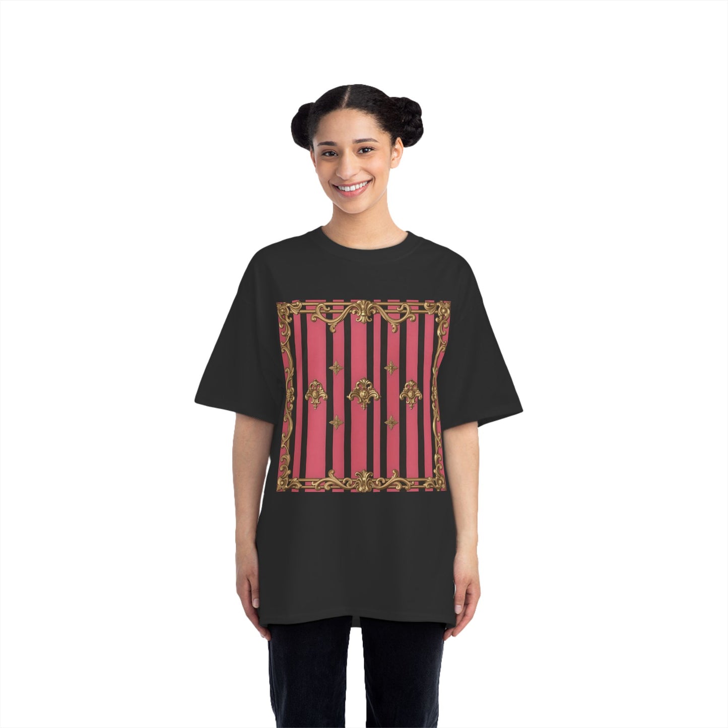 Elegant Baroque Short-Sleeve T-Shirt - Artistic Fashion, Graphics Tee, Unique Gift, Stylish Apparel, Casual Wear - Pink Striped Gold Rococo
