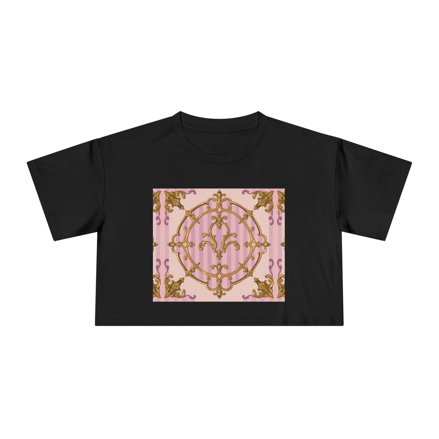 Chic Women's Crop Tee with Elegant Lavender & Alabaster Striped Gold Baroque Print - Perfect for Fashionistas, Festivals, Gifts, Summer Wear