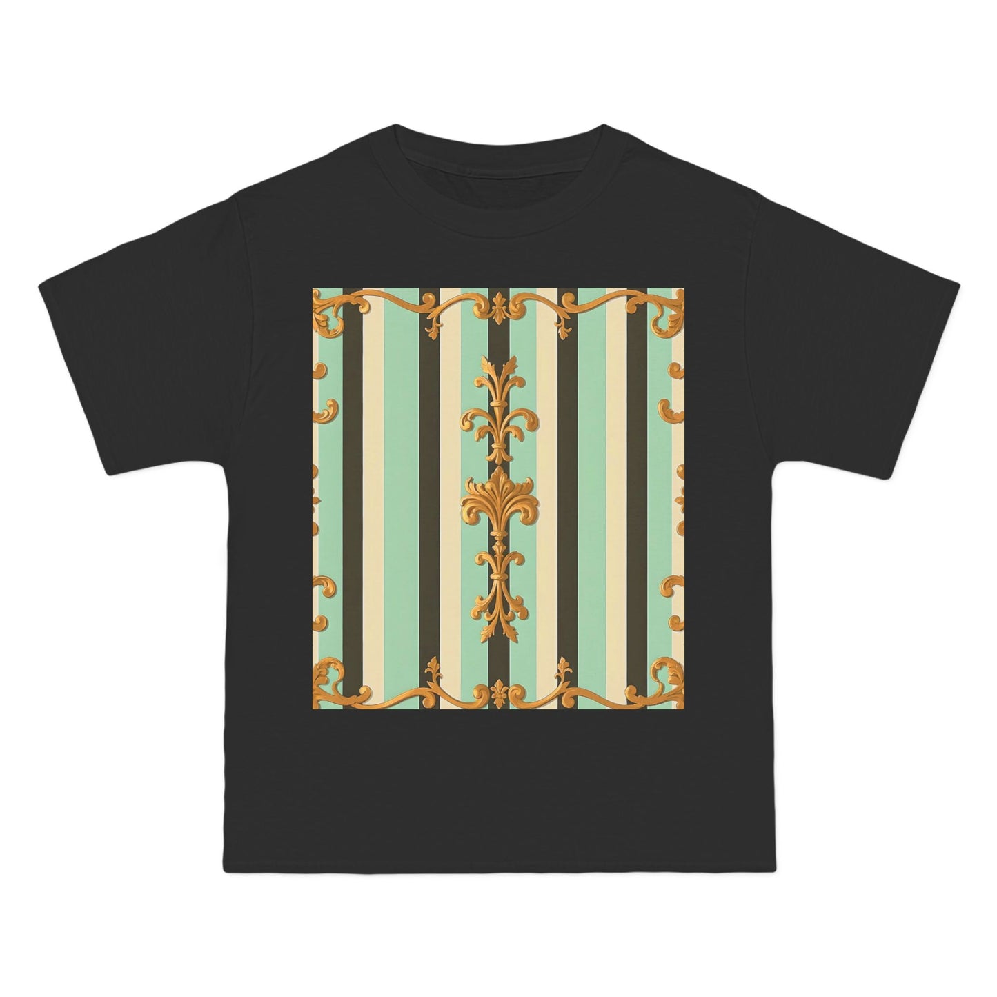 Vintage-Inspired Short-Sleeve T-Shirt, Casual Wear, Graphic Tee, Retro Style, Summer Fashion, Gift for Her - Black & Matte Mint Striped Rococo