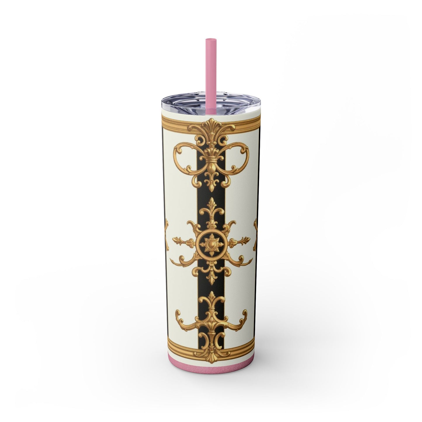 Elegant Gold Accents Skinny Tumbler, 20oz - Stylish Drinkware for Weddings, Parties, Gifts, or Everyday Use - Black & White Striped Gold Baroque
