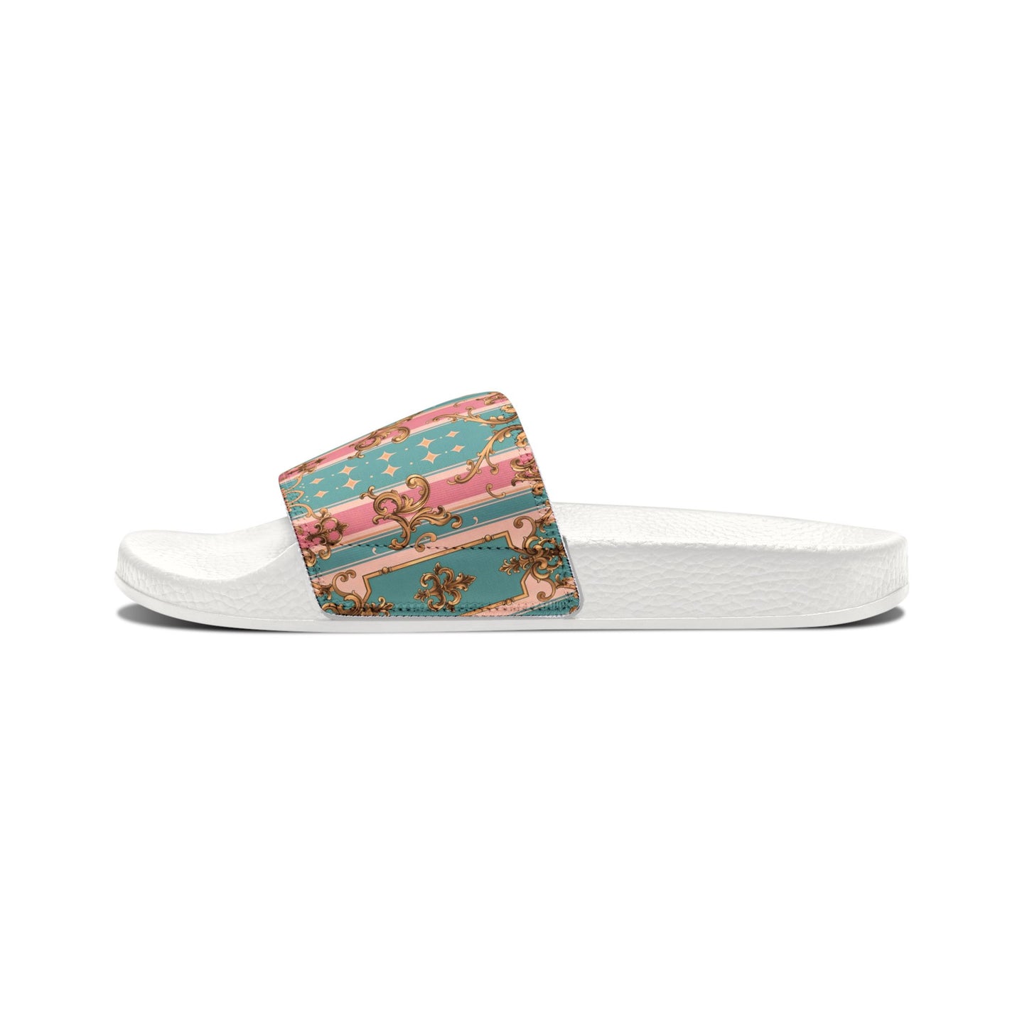Stylish Women's Removable-Strap Sandals, Trendy Summer Footwear, Comfortable Beach Slides - Pink & Matte Turquoise Striped Rococo