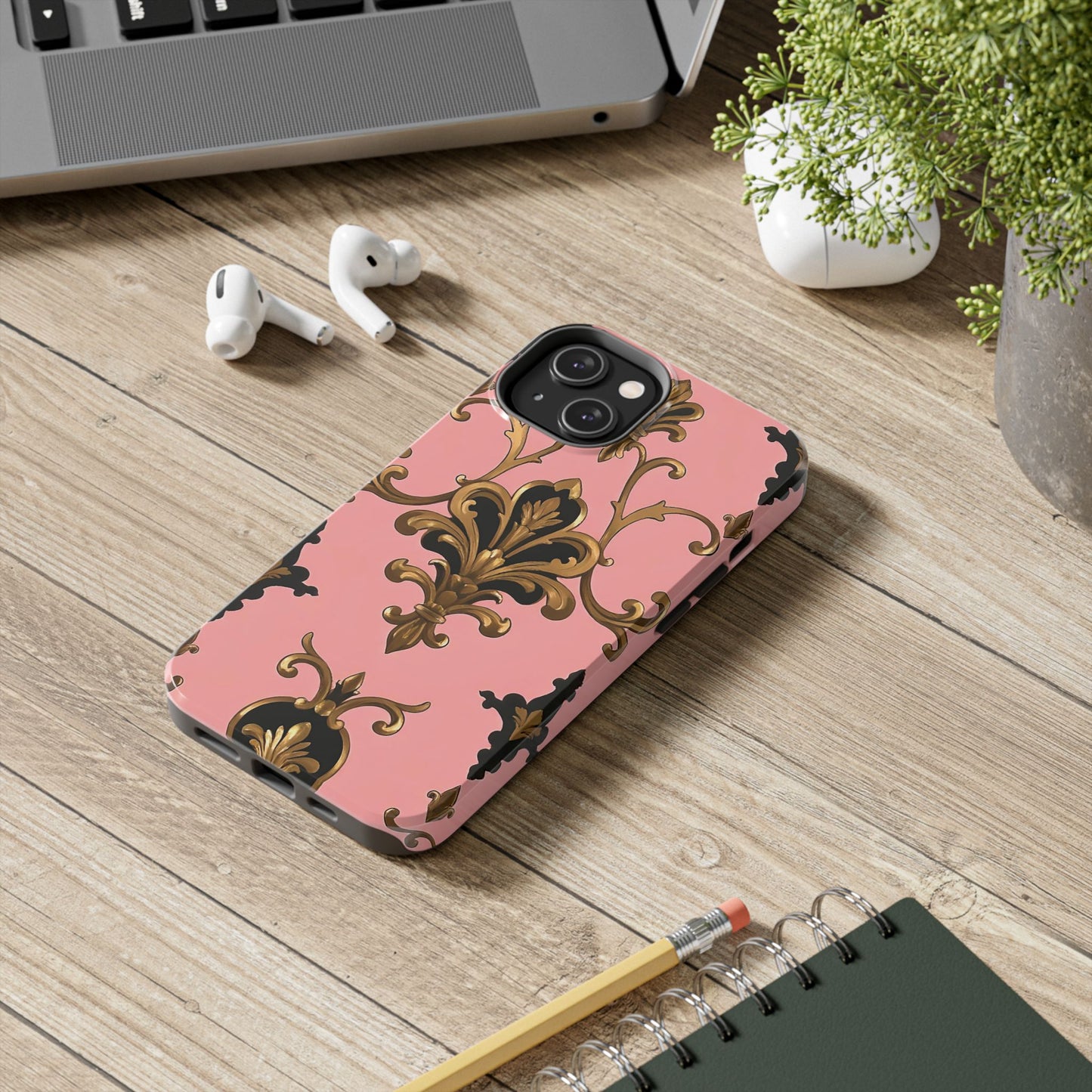 Chic Tough Phone Cases with Floral Design, Elegant Phone Cover, Durable Smartphone Case, Stylish Tech Accessory - Pink, Black & Gold Rococo