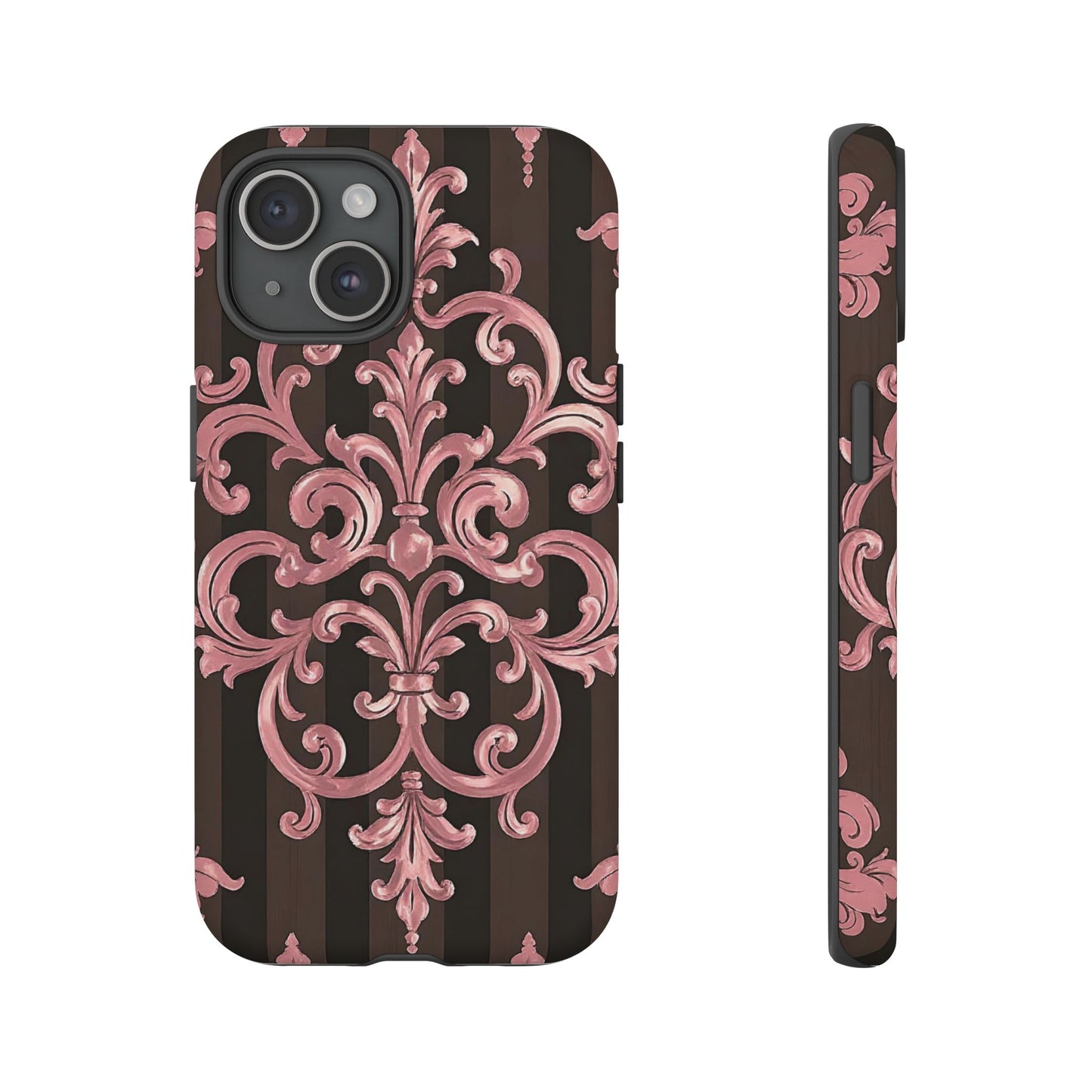 Elegant Floral Motif Phone Case - Tough Cases with Vintage Design - Brown Striped Mauve Damask
