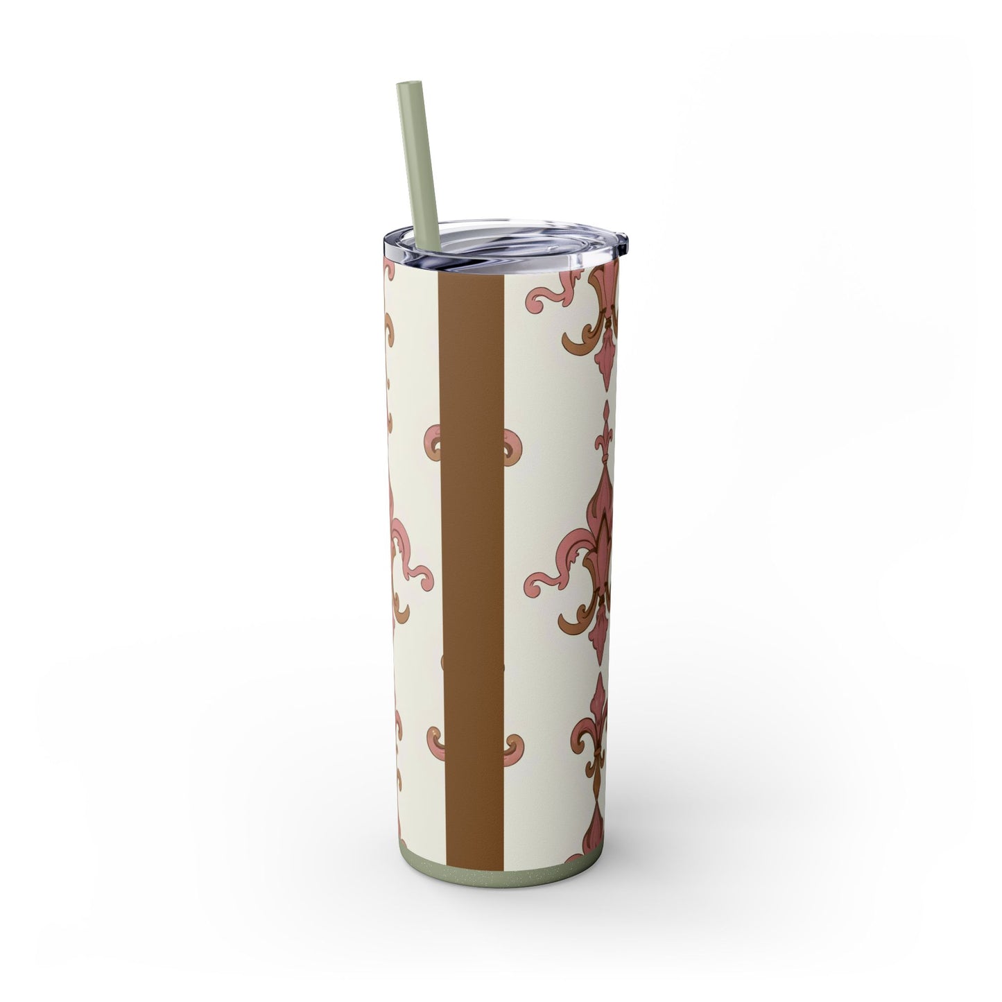 Elegant Floral Skinny Tumbler, 20oz Drinkware, Stylish Travel Mug, Wedding Gift, Personalized Gift, Eco-Friendly Cup - Brown Striped Pink Arabesque