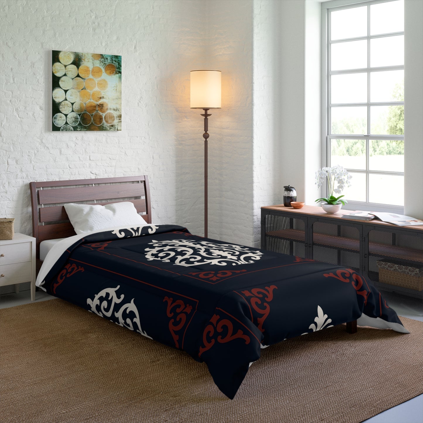 Dusk Blue-Maroon & White Baroque Comforter — Dusk Blue & White Decorative Bedding