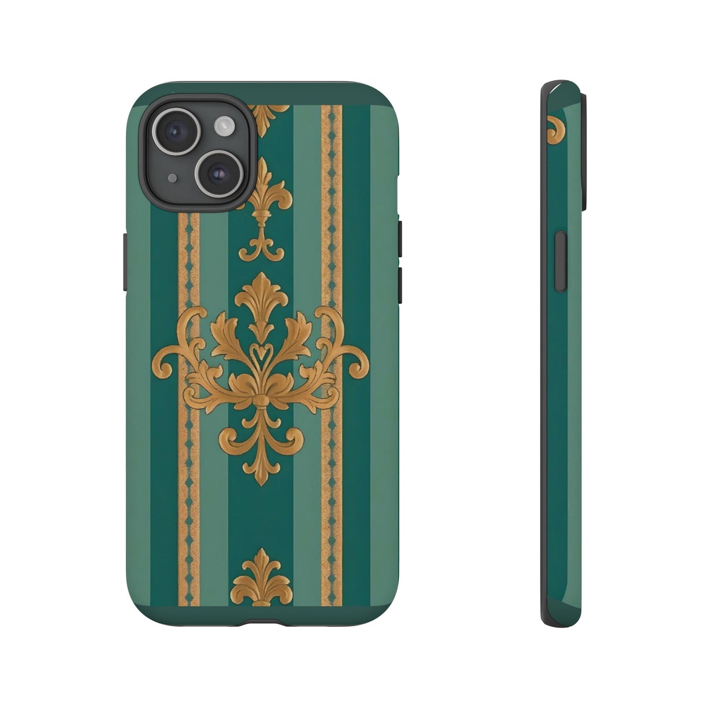 Elegant Floral Motif Phone Case - Tough Cases with Vintage Design - Teal Striped Gold Damask
