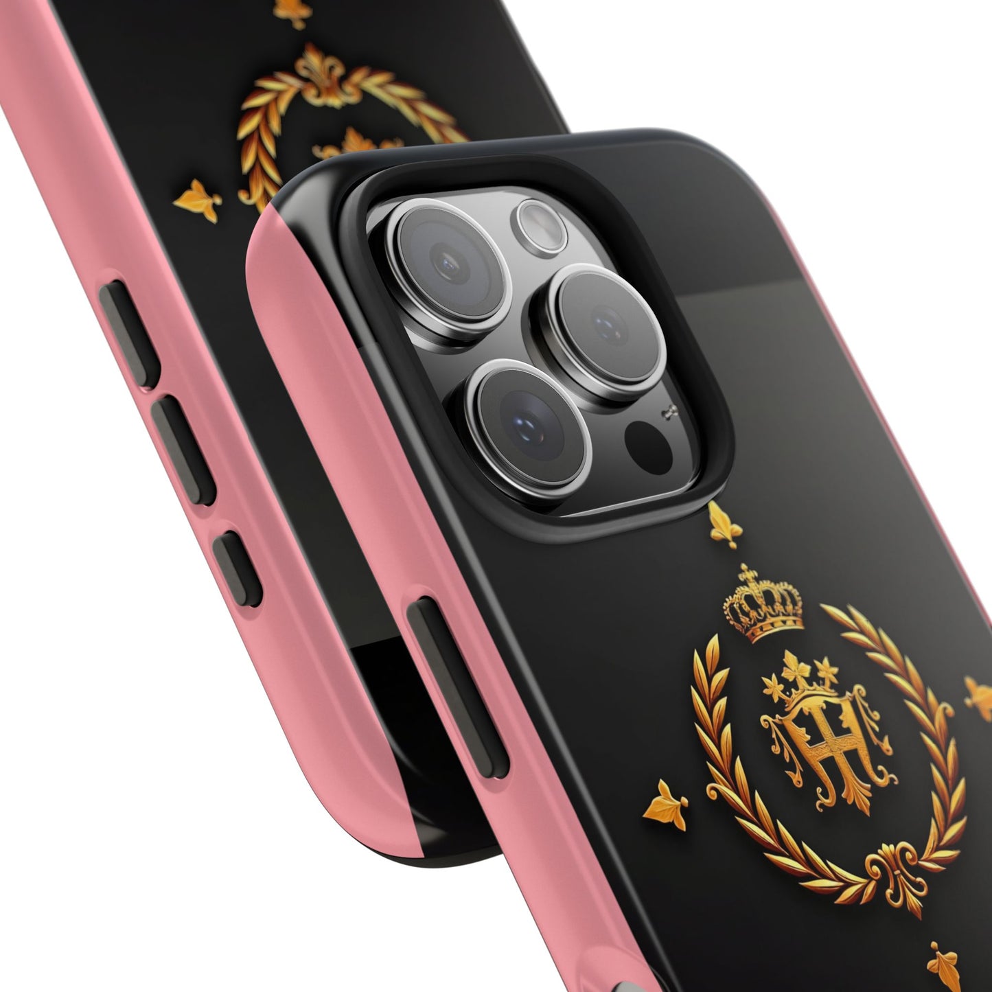 Tough Phone Case with Regal Design - Elegant Phone Protection, Gift for Him/Her, Royalty Inspired - Pink Striped Gold Crest