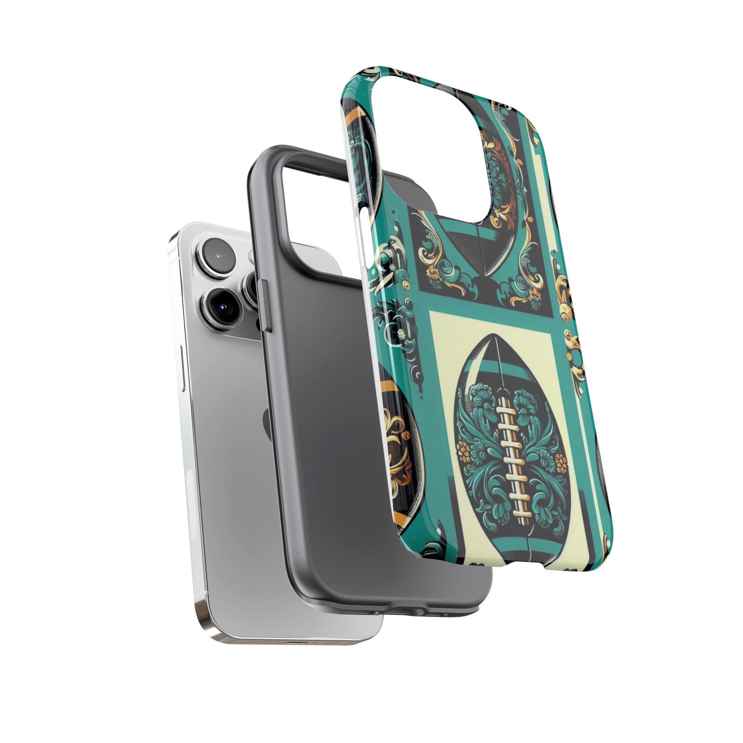 Elegant Floral Motif Phone Case - Tough Cases with Vintage Design -  Damask Teal, Gold & Black Footballs