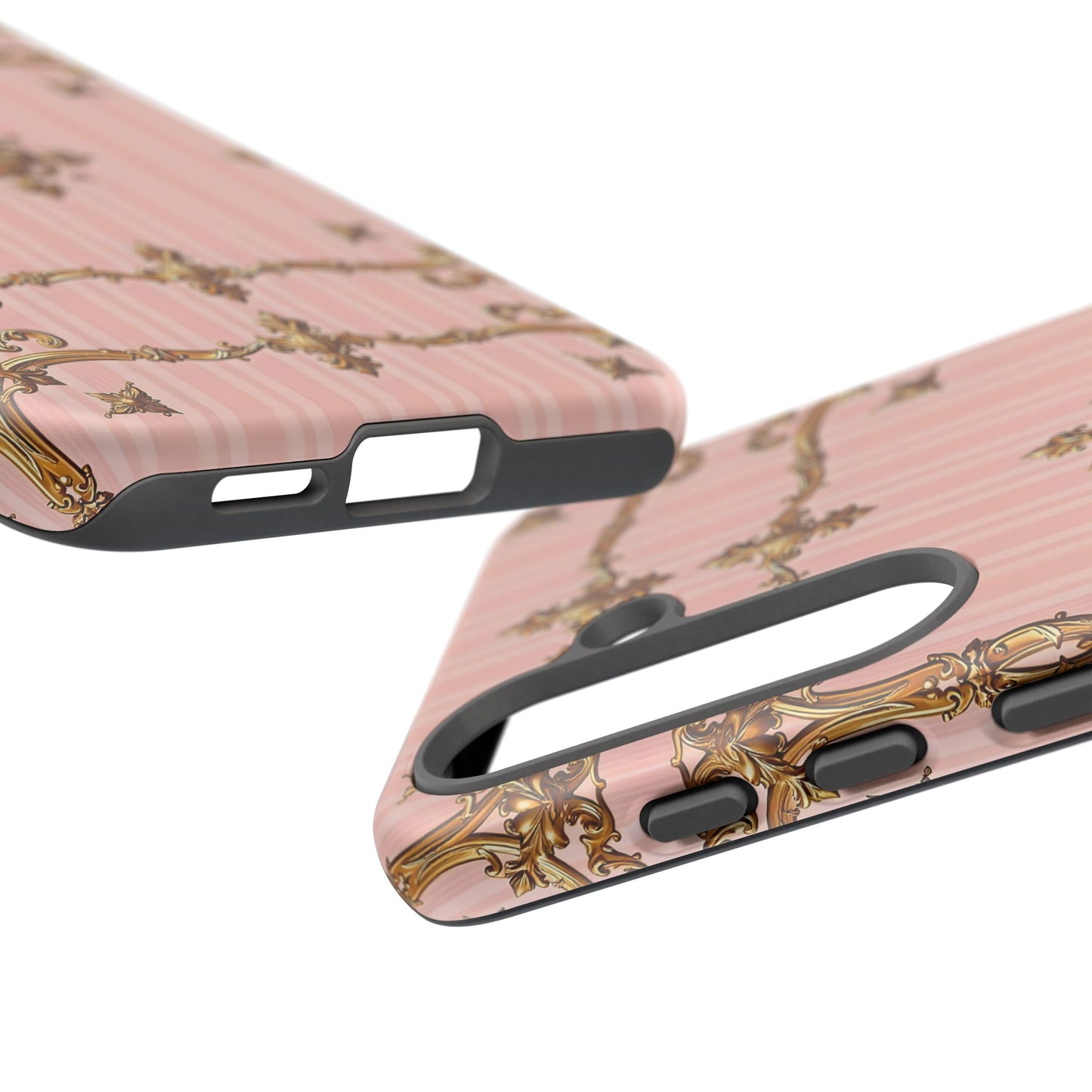 Elegant Floral Phone Case, Tough Cases for Women, Trendy Phone Cover, Chic Gift - Pink Striped Gold Baroque