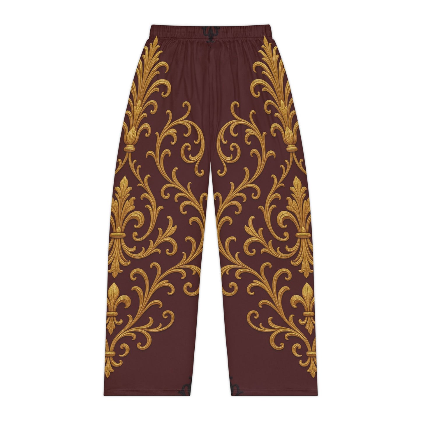 Dusk Burgundy-Black & Gold Baroque Women's Pajama Pants with Gold Baroque Scroll Print