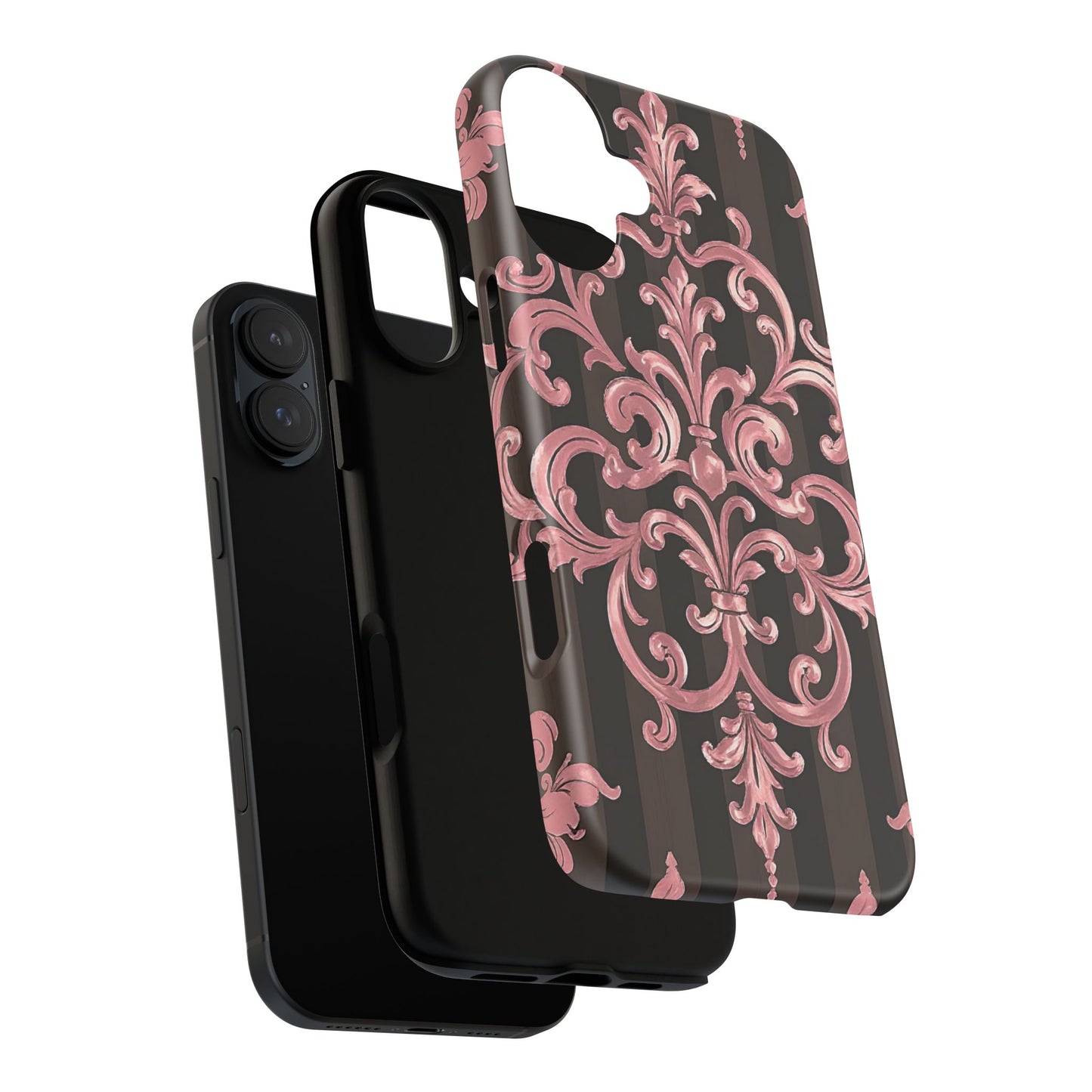 Elegant Floral Motif Phone Case - Tough Cases with Vintage Design - Brown Striped Mauve Damask
