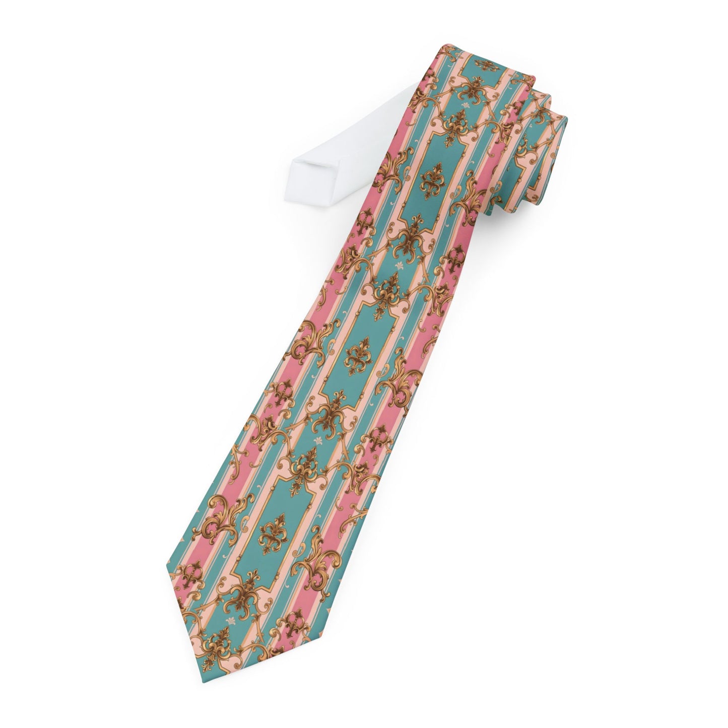 Floral Pattern Necktie – Elegant Gift for Weddings, Graduations, Business, Father's Day, Formal Events - Pink & Matte Turquoise Striped Rococo