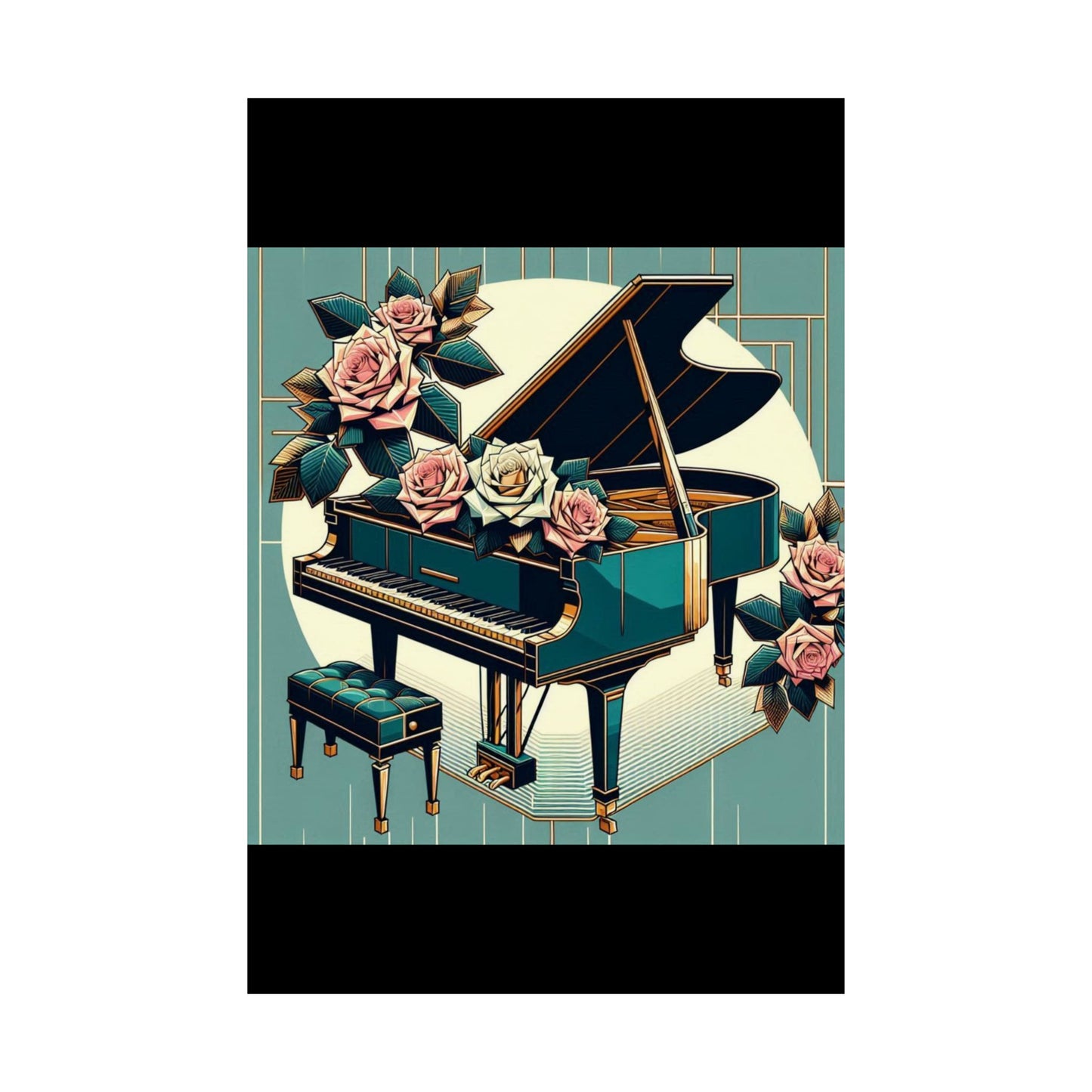 Vertical Poster - Teal Grand Piano & Roses Design