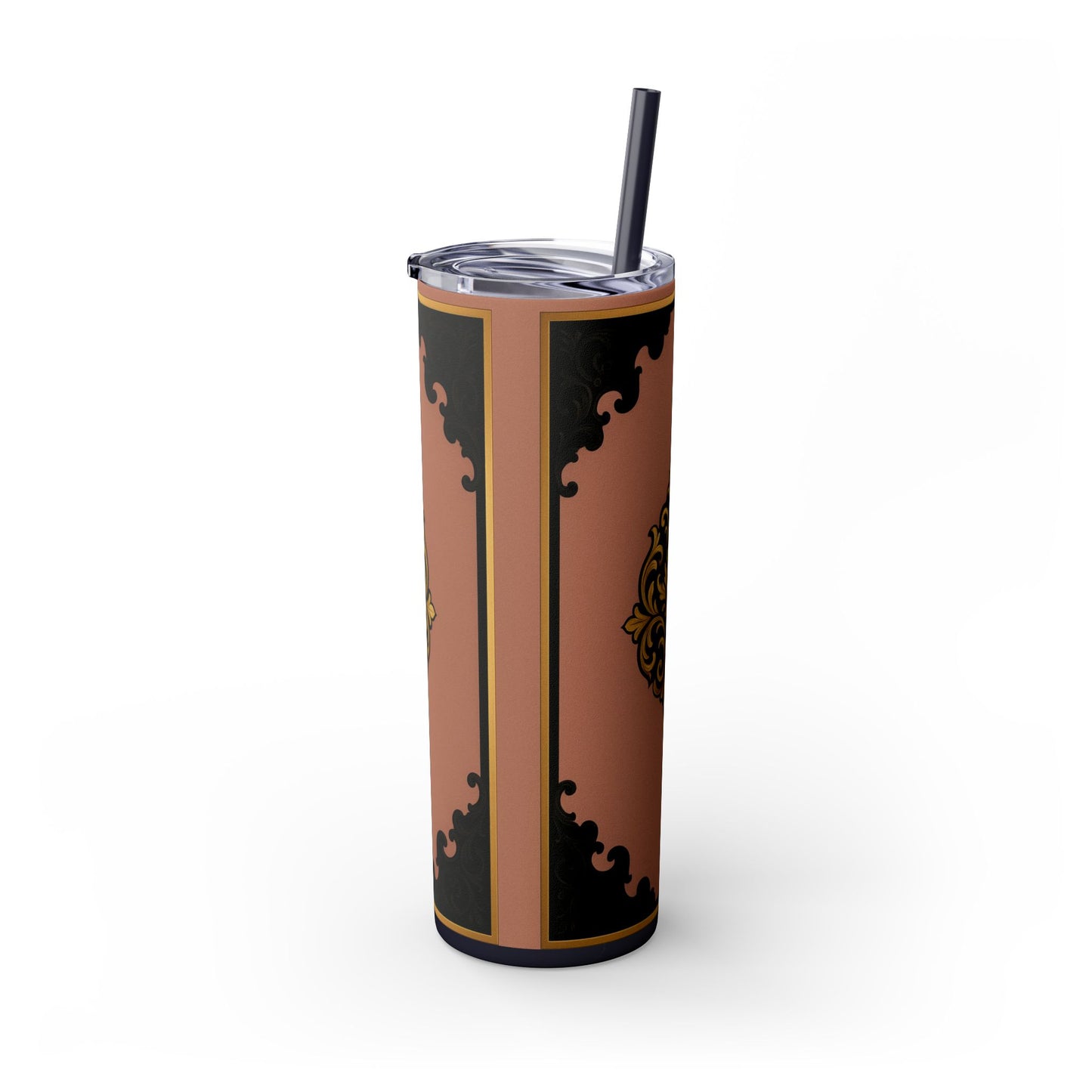 20oz Skinny Tumbler with Straw — Vintage Mauve & Black-Gold Baroque Design
