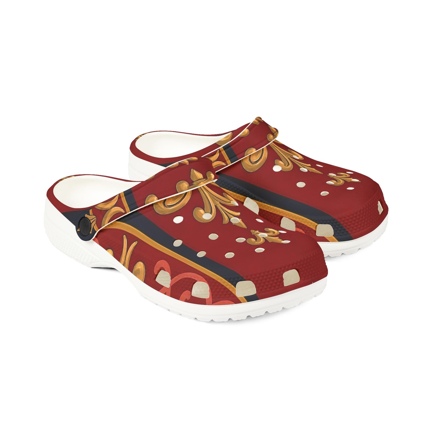 Elegant All-Over Print EVA Foam Clogs for Comfort and Style, Slip-On Shoes, Fashion Footwear - Midnight Blue & Dusk Red Gold Baroque
