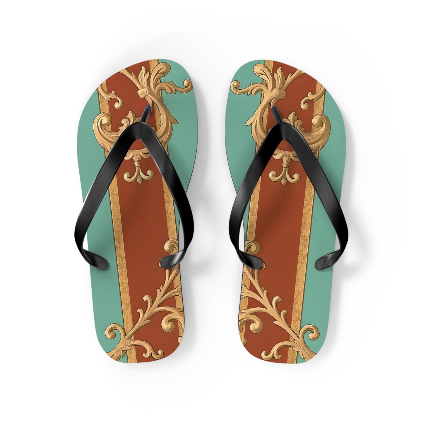 Elegant Vintage Flip Flops with Ornate Design - Perfect for Summer & Beach Getaways - Rust & Mint Aqua Striped Baroque