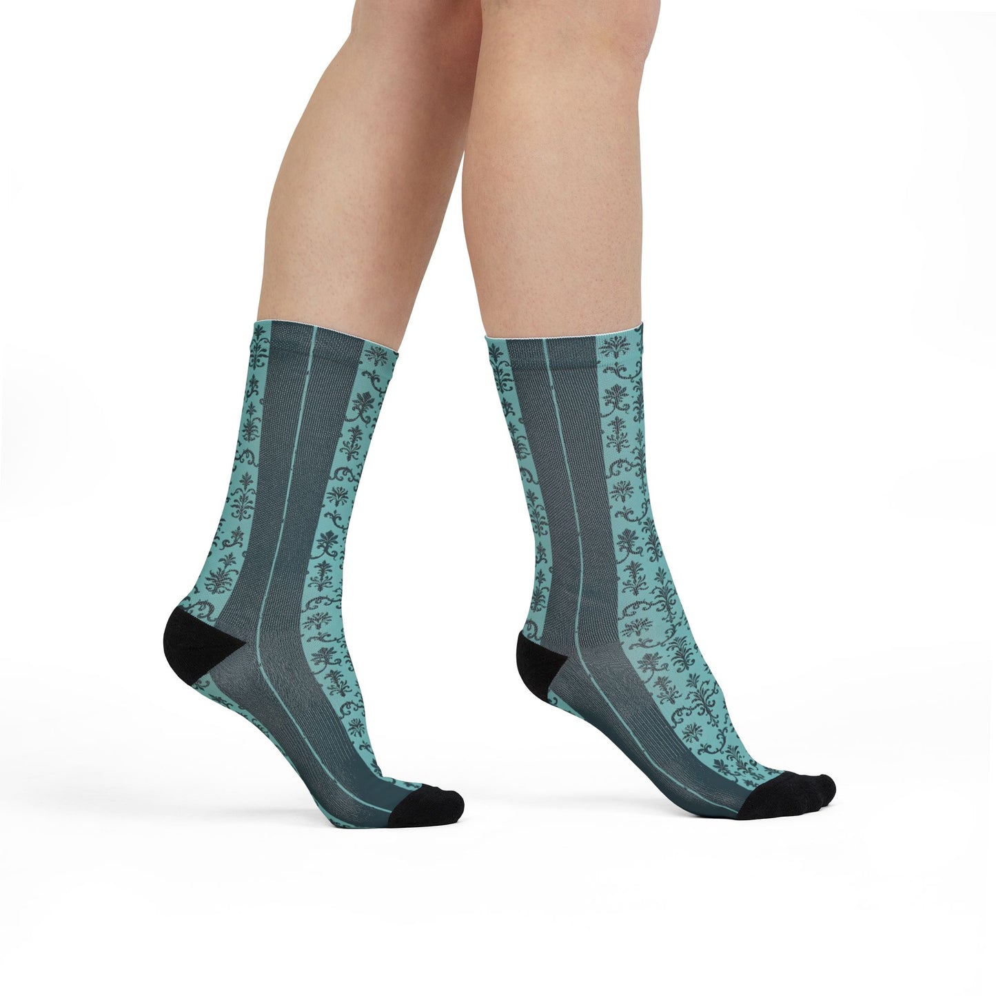 Stylish Sublimation Crew Socks - Trendy, Unique Gift, Personalized Fashion, Cozy Homewear, Sock Lovers, Perfect for Holidays - Teal Striped Rococo