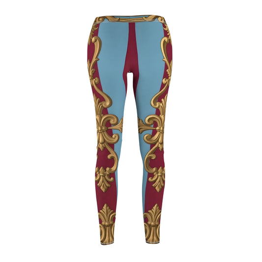 Women's Baroque Print Leggings, Stylish Activewear, Yoga Pants, Casual Wear, Gift for Her - Sky Blue & Maroon Striped Baroque