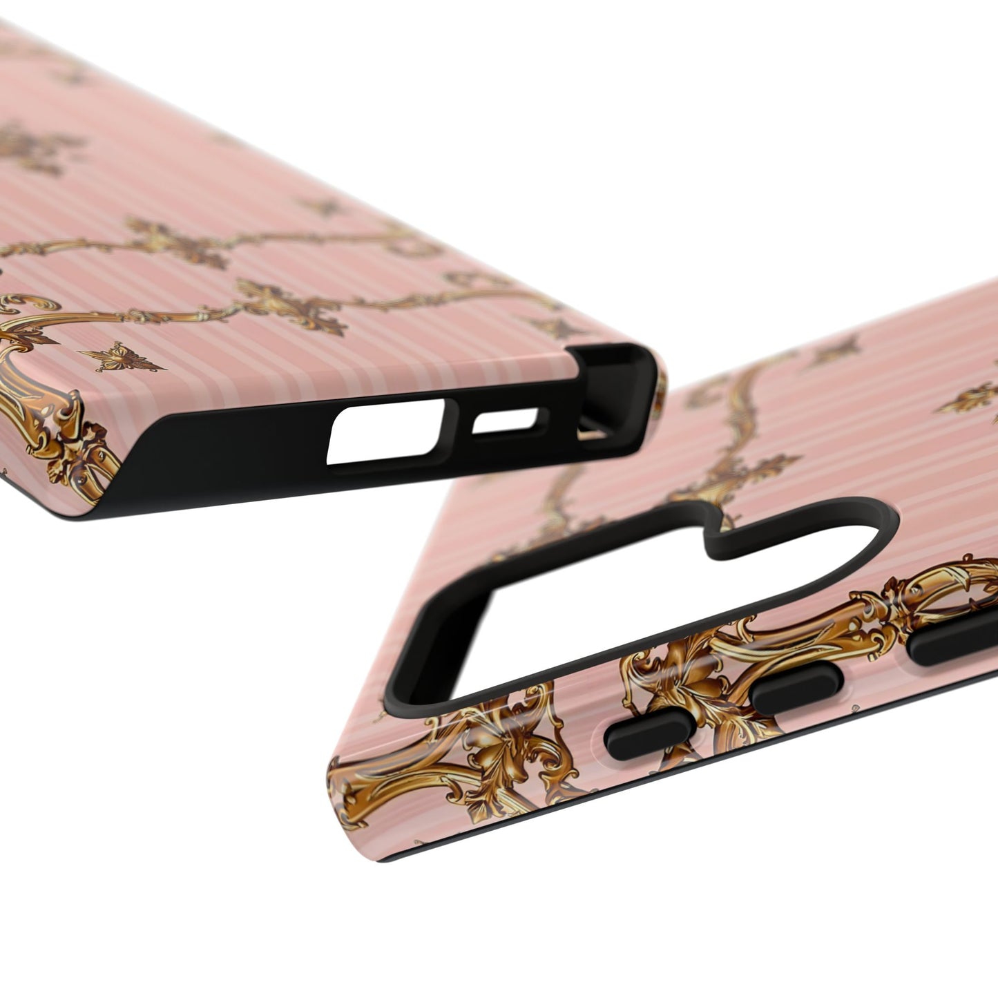 Elegant Floral Phone Case, Tough Cases for Women, Trendy Phone Cover, Chic Gift - Pink Striped Gold Baroque