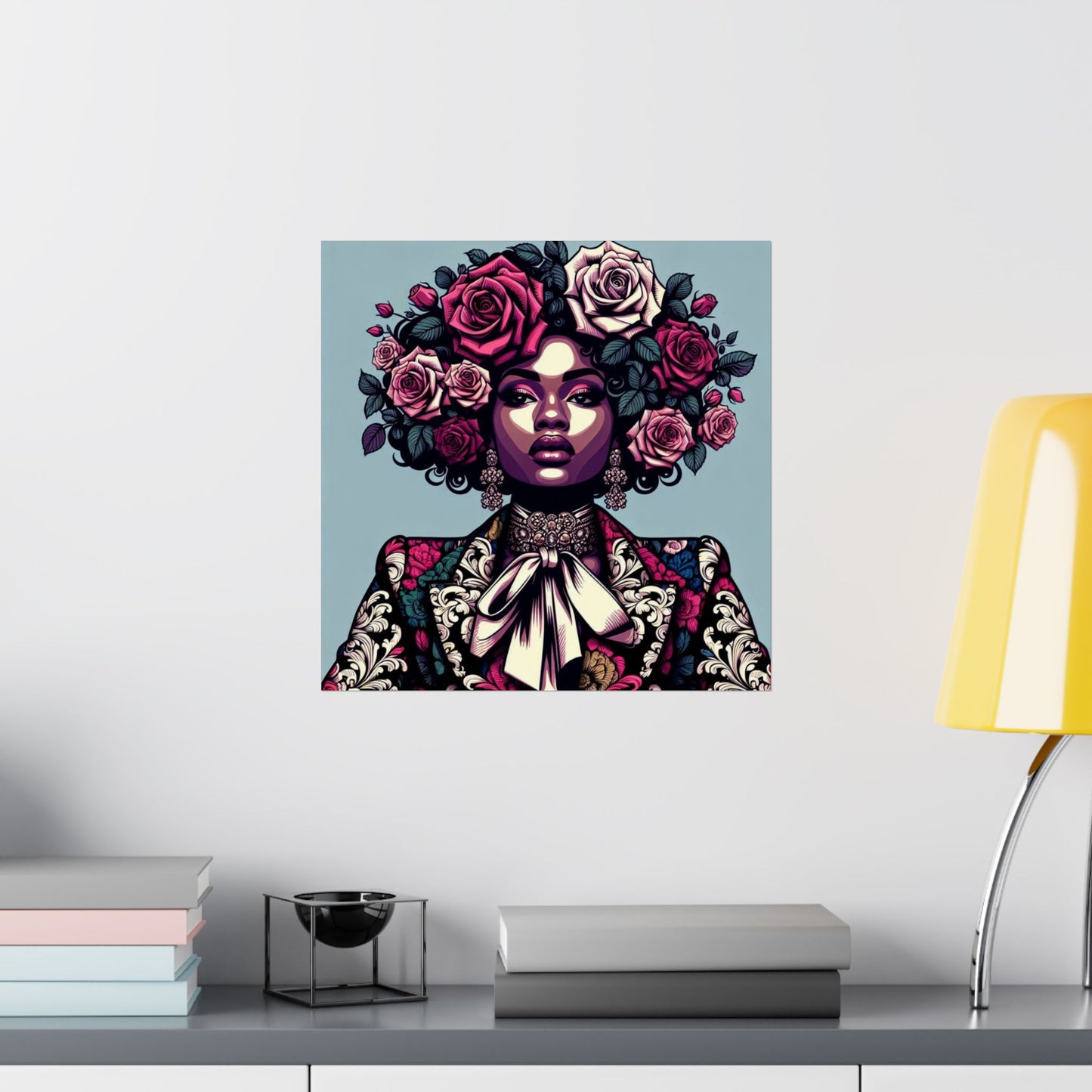 Floral Afro Art Poster - Elegant Matte Vertical Wall Decor - Lady In Damask Suit & Roses