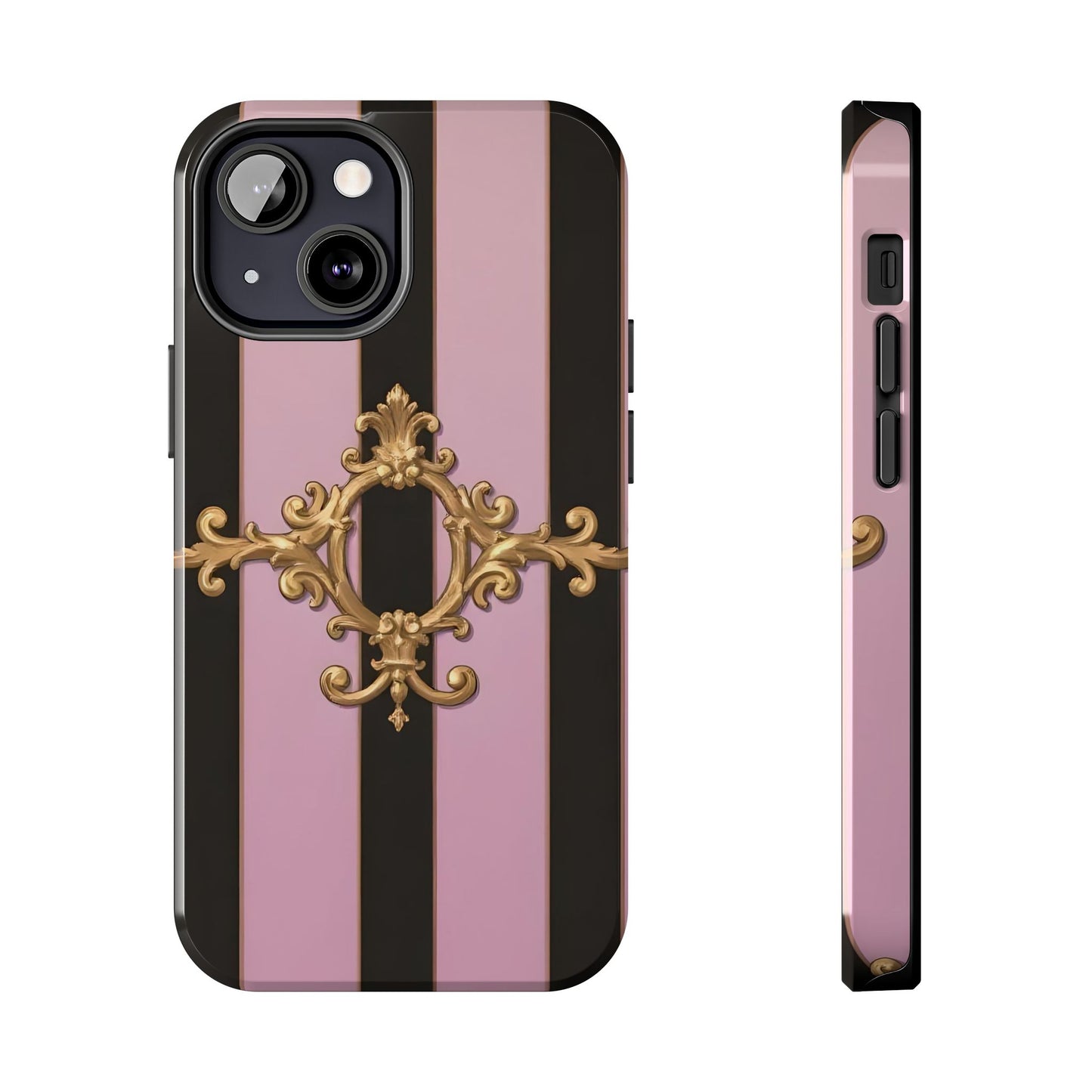 Stylish Tough Phone Case for Elegant Protection, Fashionable Accessories, Smartphone Cover - Matte Lavender & Black Striped Gold Baroque