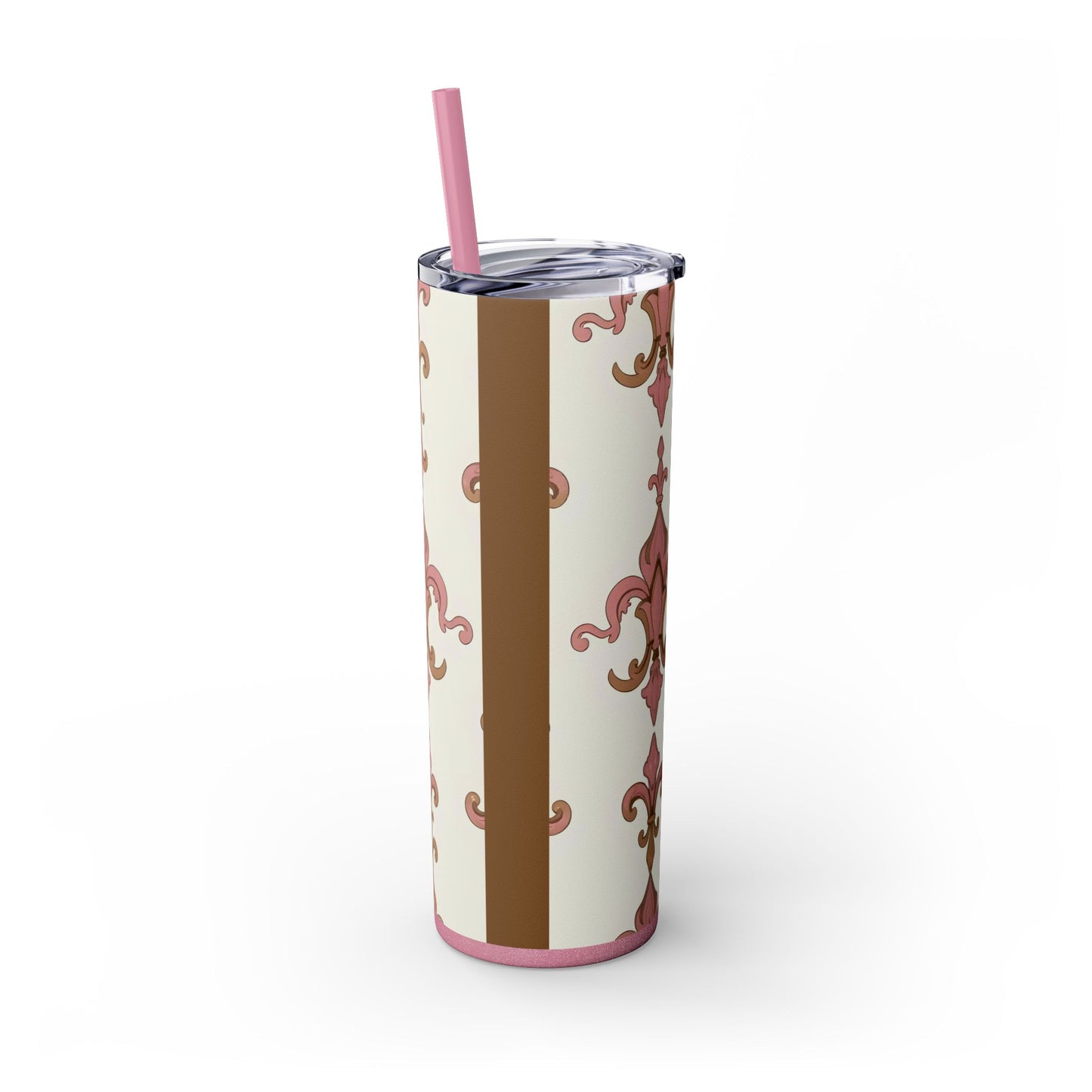 Elegant Floral Skinny Tumbler, 20oz Drinkware, Stylish Travel Mug, Wedding Gift, Personalized Gift, Eco-Friendly Cup - Brown Striped Pink Arabesque