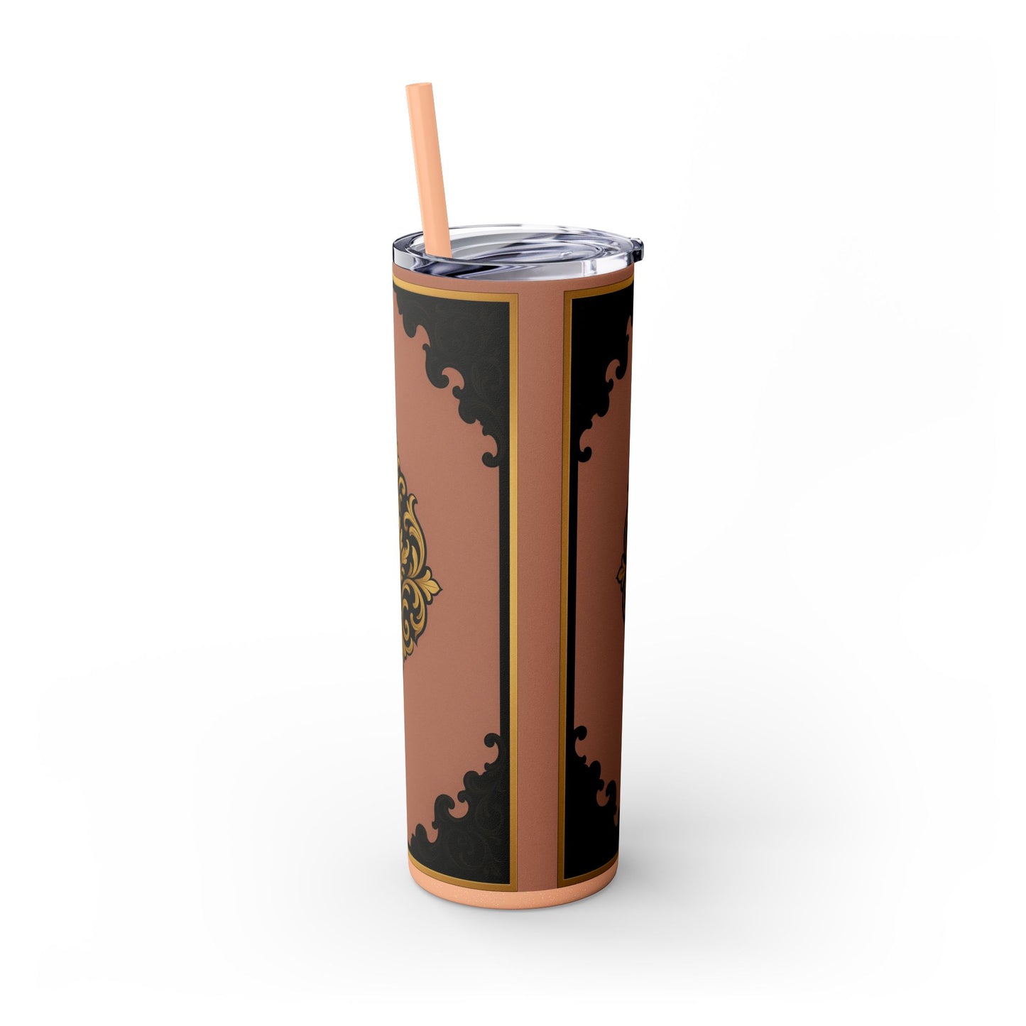 20oz Skinny Tumbler with Straw — Vintage Mauve & Black-Gold Baroque Design