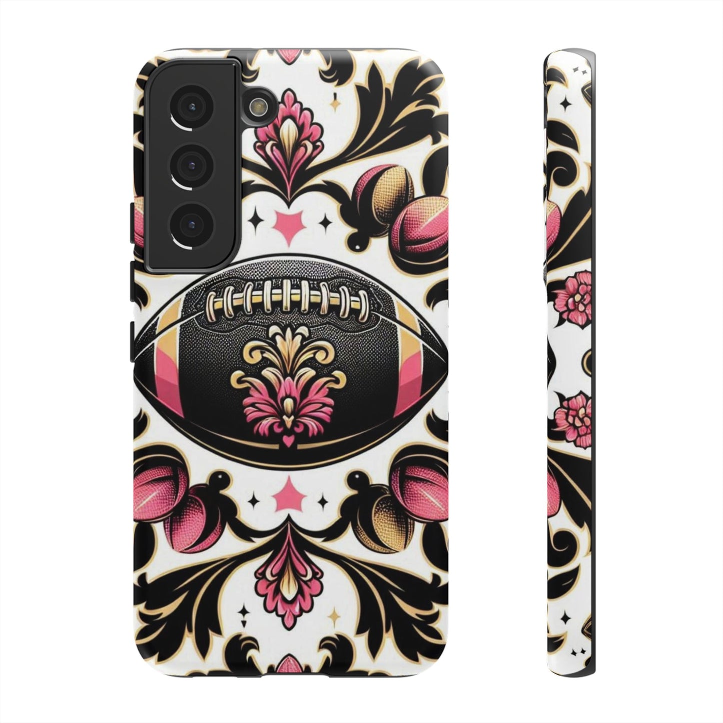 Elegant Floral Motif Phone Case - Tough Cases with Vintage Design - Damask White, Pink Gold & Black Football