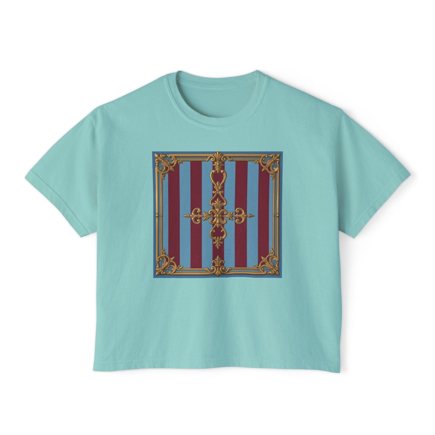 Baroque Women's Boxy Tee, Vintage Style T-shirt for Festivals, Casual Wear, Summer Outfits, Gift for Her - Sky Blue & Maroon Striped Baroque