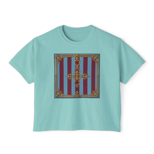 Baroque Women's Boxy Tee, Vintage Style T-shirt for Festivals, Casual Wear, Summer Outfits, Gift for Her - Sky Blue & Maroon Striped Baroque