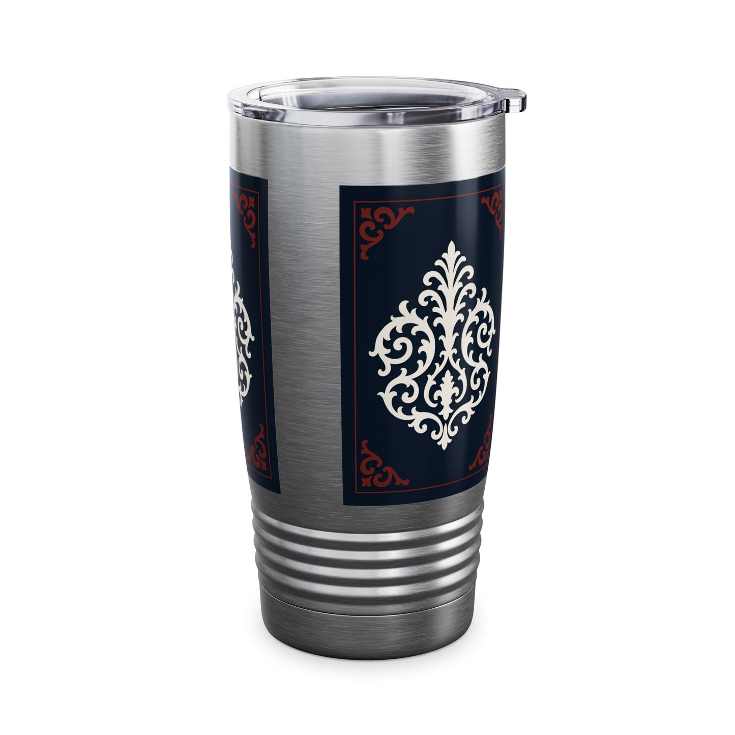 Dusk Blue-Maroon & White Baroque 20oz Ringneck Tumbler with Classic Baroque Design — Elegant Travel Mug