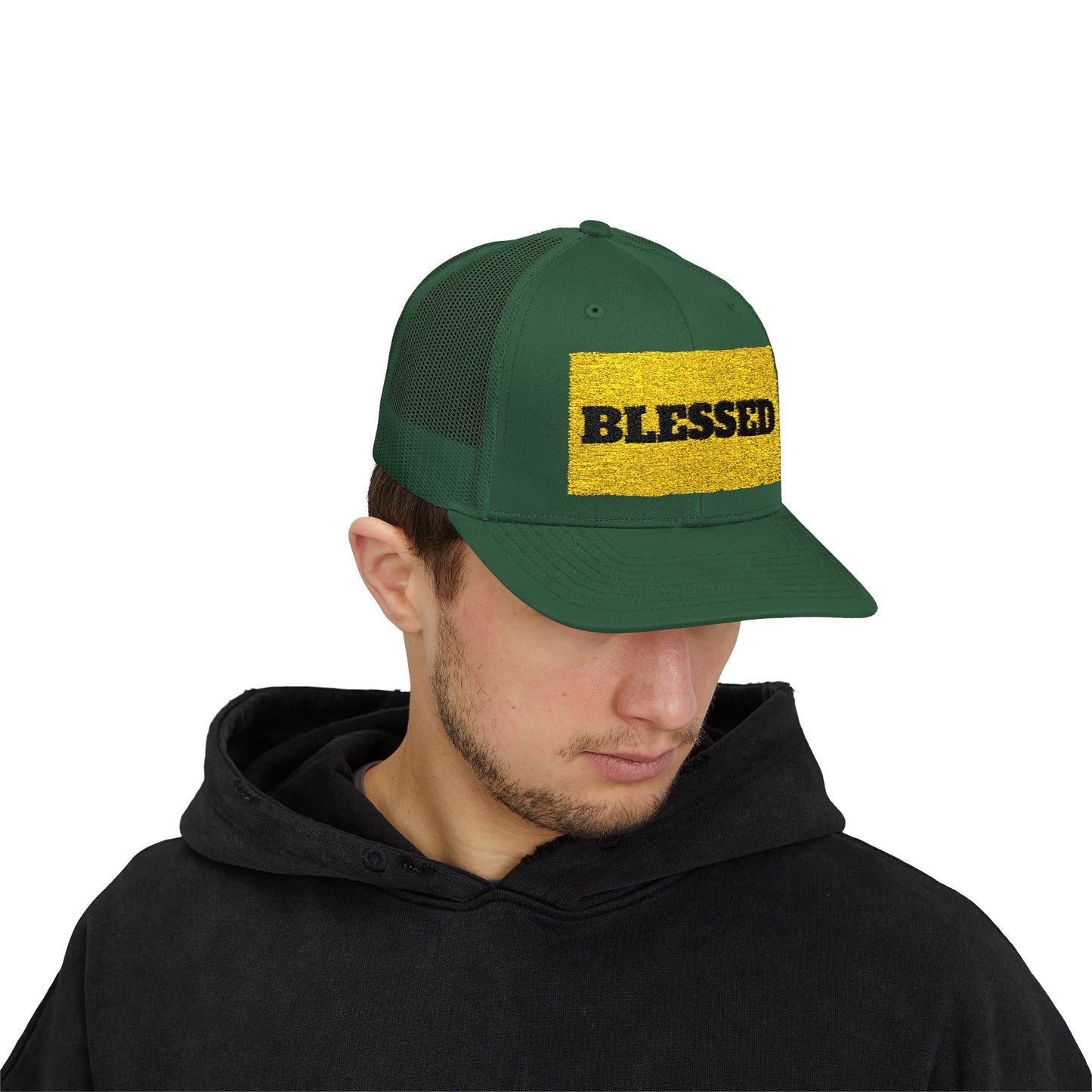 Blessed In Gold Snapback Trucker Cap for Everyday Inspiration, Faith-Based Accessory, Adjustable Hat, Gift for Friends, Motivational Cap