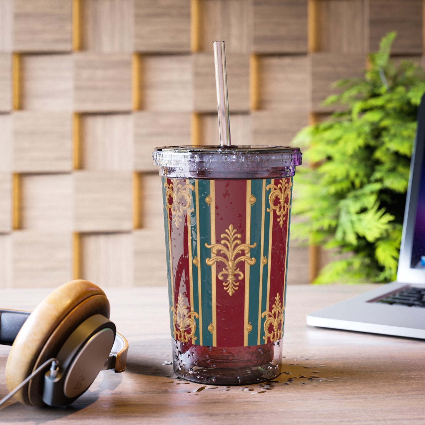 Elegant Floral Acrylic Cup, Insulated Drink Tumbler, Stylish Straw Cup, Boho Travel Mug, Perfect for Parties - Burgundy Striped Gold Baroque