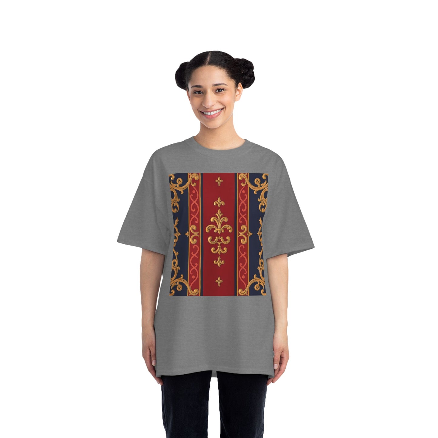 Elegant Baroque T-Shirt for Fashion Lovers, Casual Wear, Gift for Her, Unique Tee for Art Enthusiasts - Midnight Blue & Dusk Red Gold Baroque