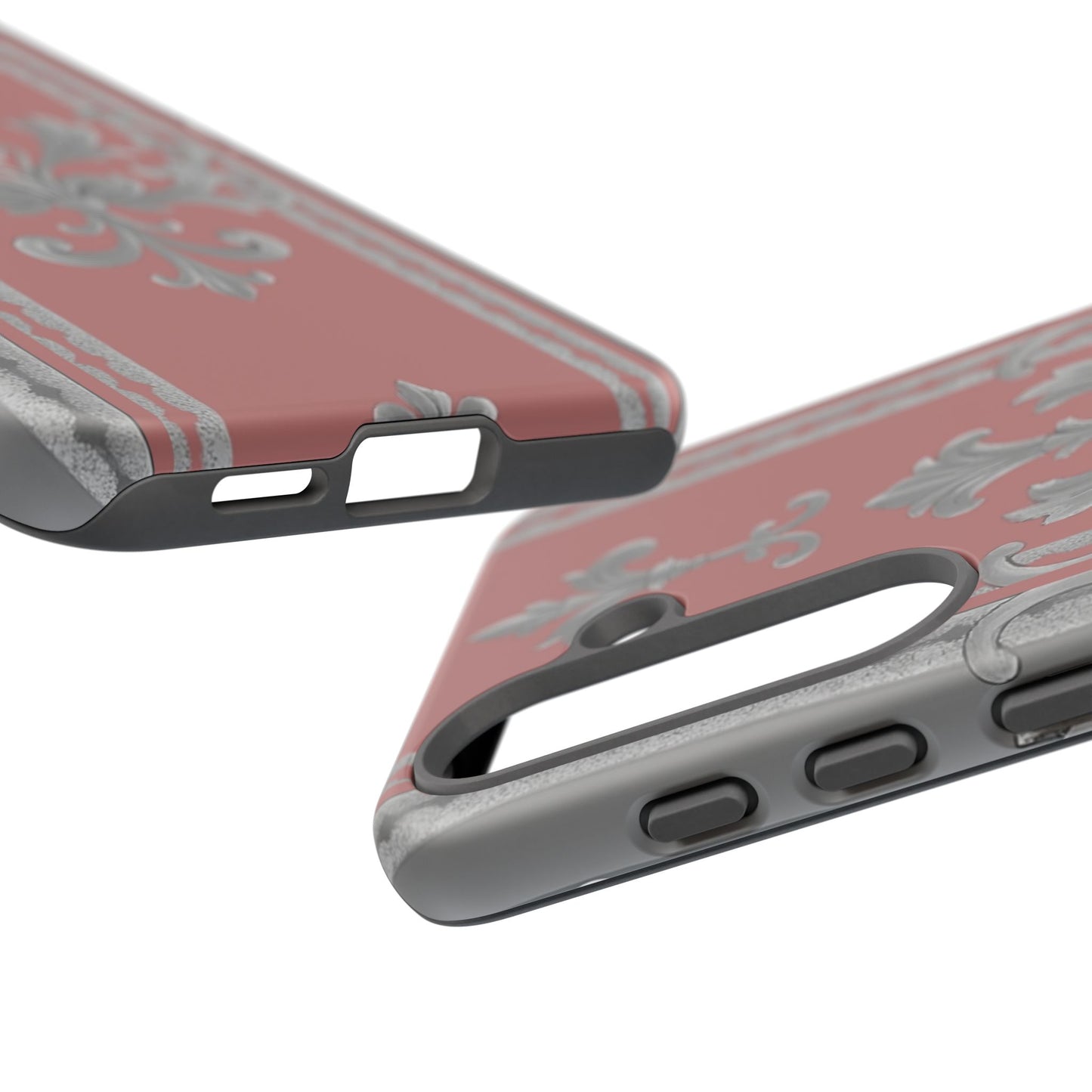 Elegant Floral Phone Case - Tough Cases for Stylish Protection - Gray & Mauve Striped Baroque