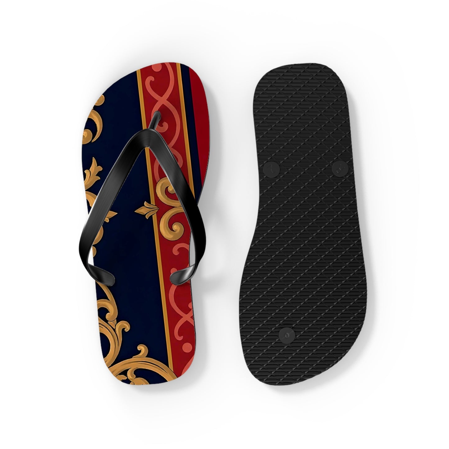 Elegant Vintage Flip Flops, Stylish Summer Footwear, Beachwear Accessories, Vacation Essentials - Midnight Blue & Dusk Red Gold Baroque