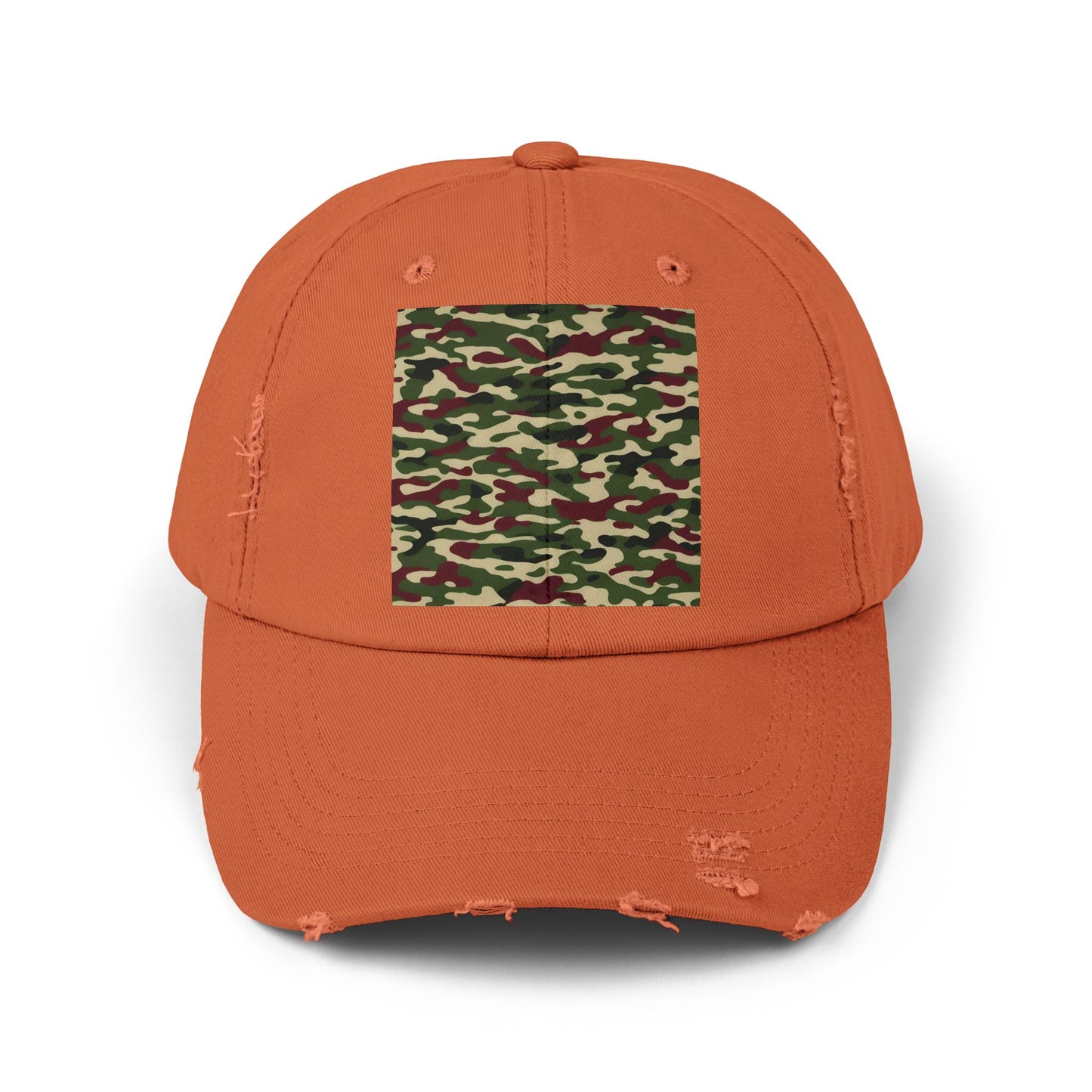 Camo Distressed Cap | Unisex Fashion Hat, Trendy Outdoor Accessory, Gift for Him/Her, Casual Wear, Sports Cap - Army Green & Burgundy Camo