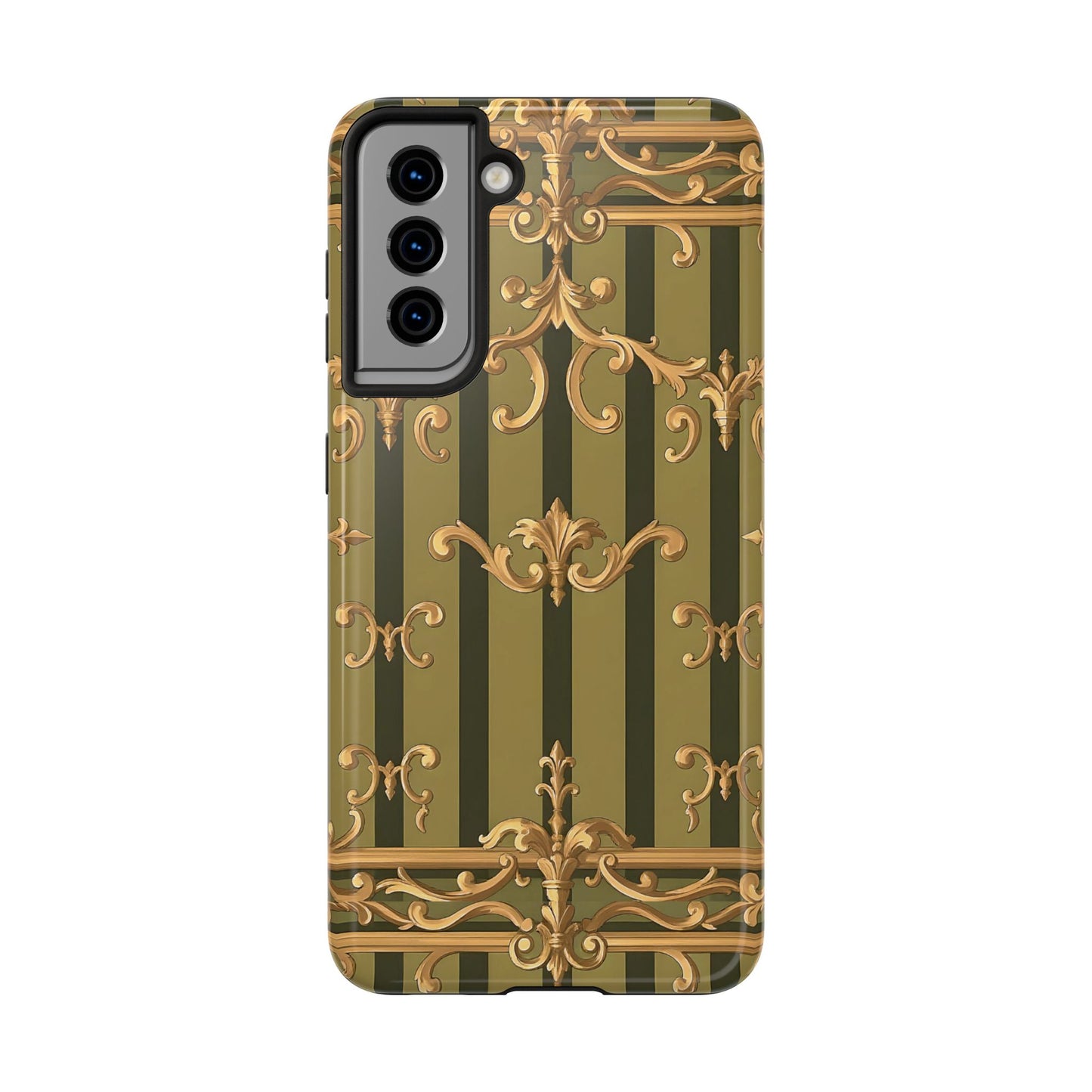 Elegant Vintage Phone Case - Tough Protection with Classy Design, Stylish Phone Cover for Fashion Lovers - Olive Green Striped Rococo