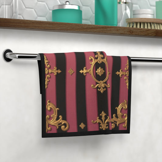 Elegant Black & Mauve Striped Gold Baroque Face Towel, Luxurious Bath Accessory, Gift for Her, Home Decor, Spa Essentials, Bathroom Style