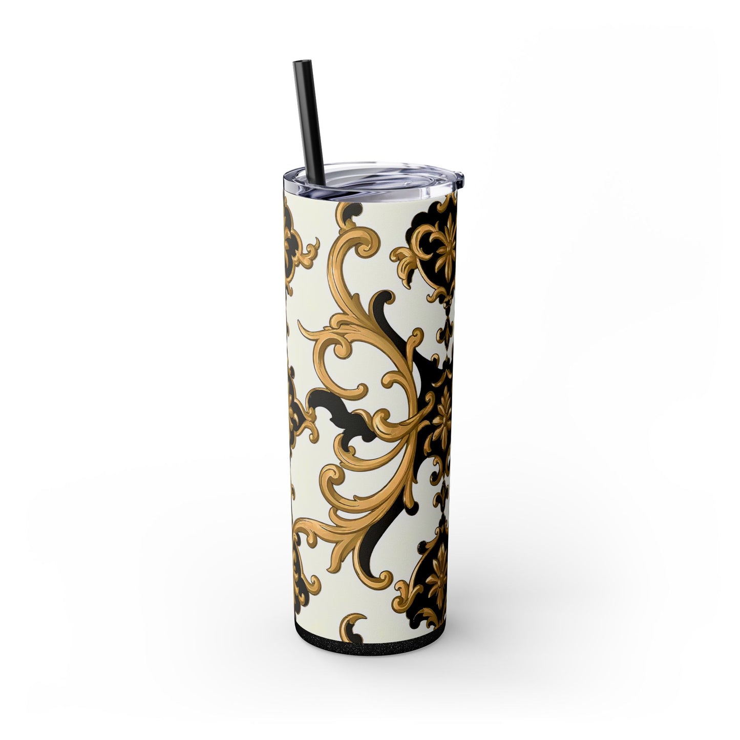 Elegant Gold Floral Skinny Tumbler, 20oz | Insulated Cup for Hot & Cold Drinks, Travel Mug, Gift for Mom, Stylish Drinkware - Black & Gold Rococo