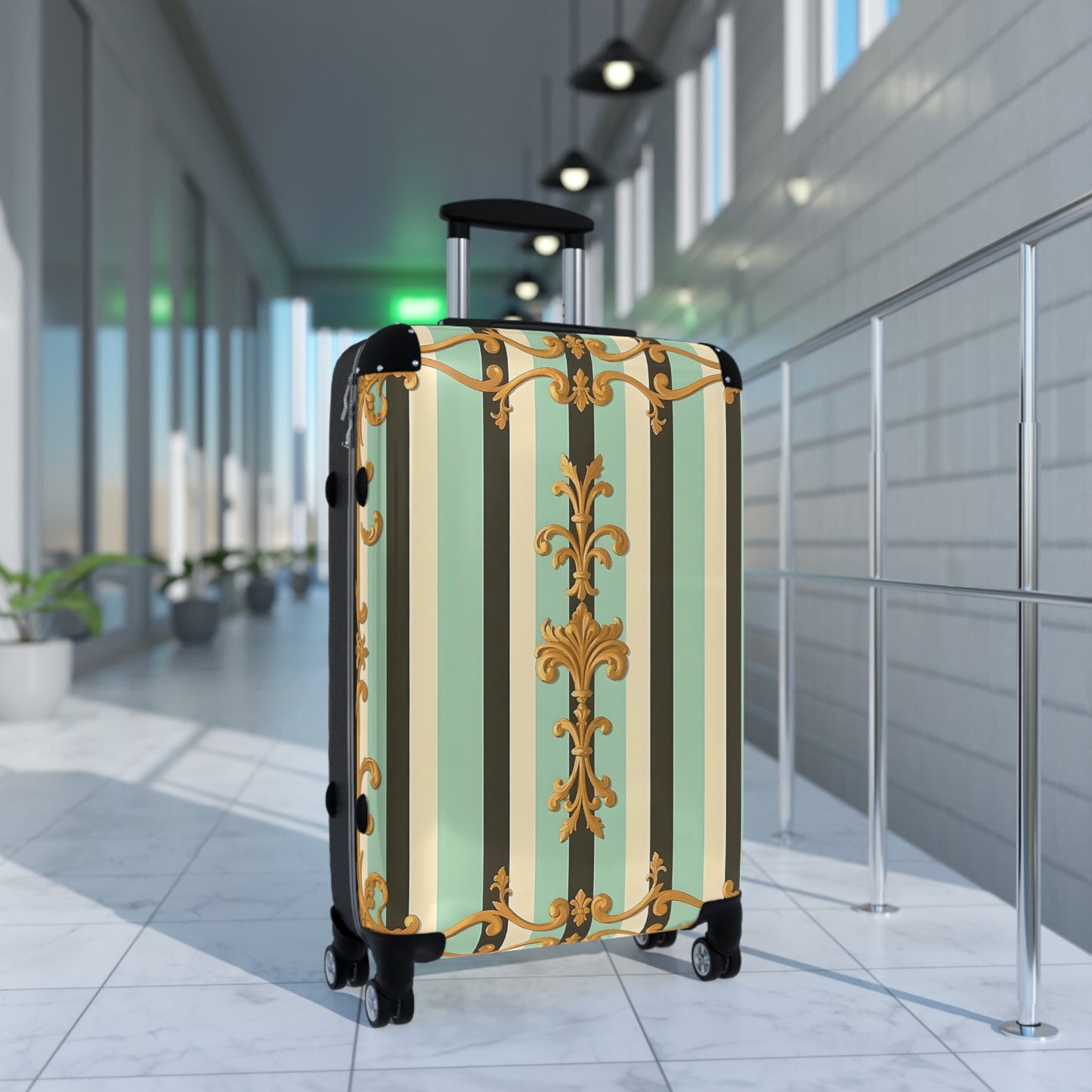 Elegant Striped Suitcase, Stylish Travel Luggage, Unique Carry-On, Trendy Vacation Bag - Black & Matte Mint Striped Rococo