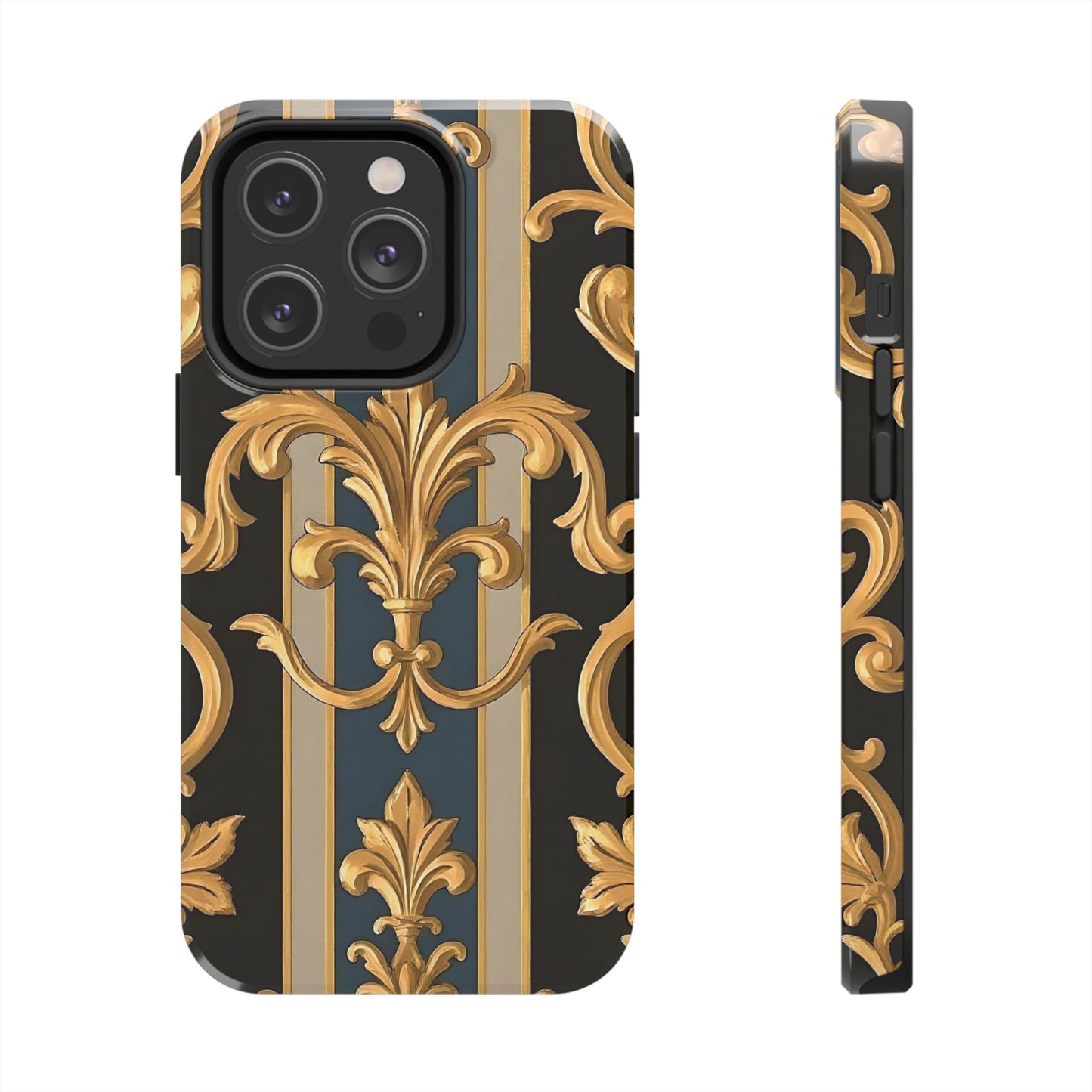 Elegant Rococo Phone Cases, Tough iPhone Case, Floral Design Case, Luxury Phone Cover - Blue & Black Striped Rococo