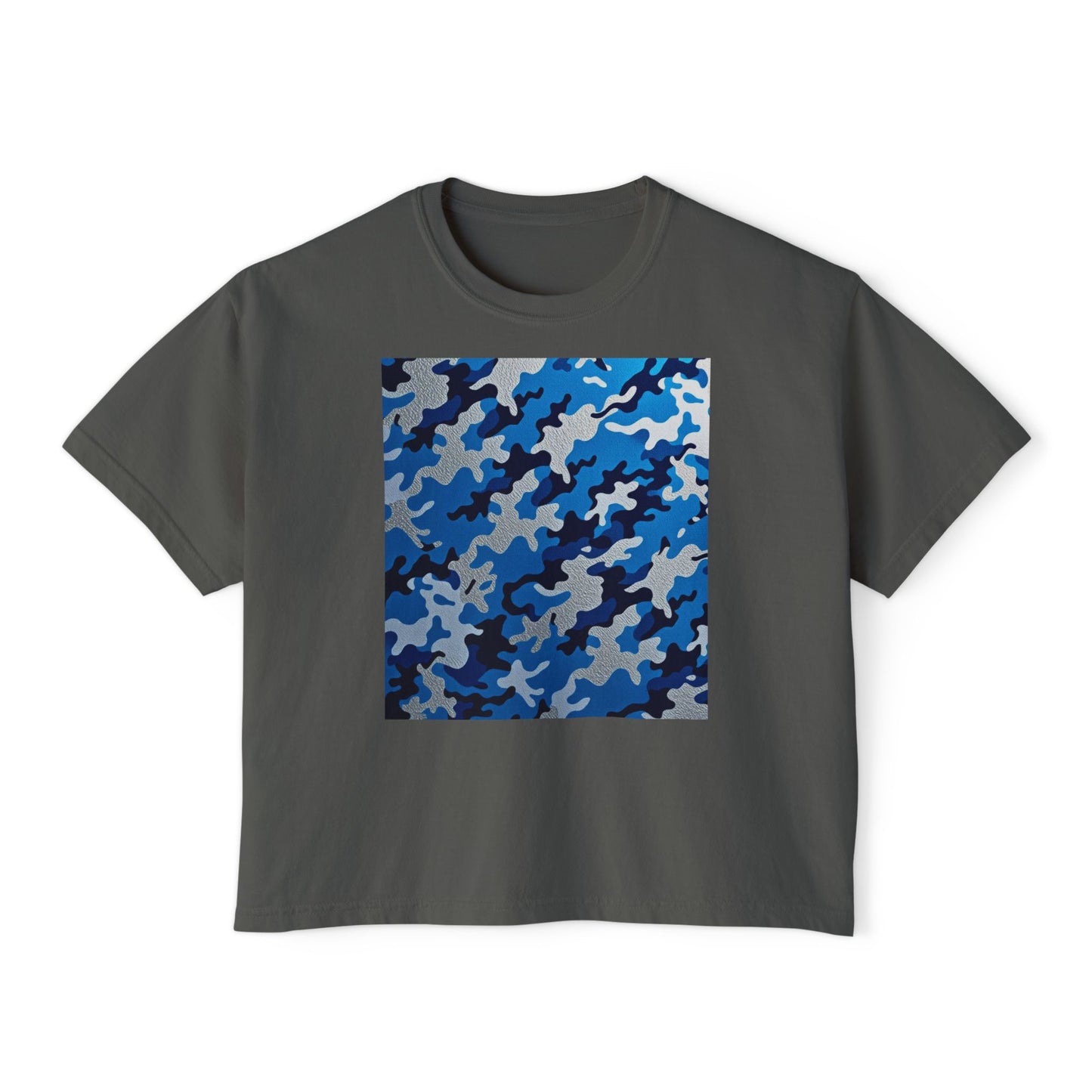 Camo Print Women's Boxy Tee, Casual Top, Summer T-Shirt, Outdoor Wear, Gift for Her, Trendy Fashion - Blue Camo