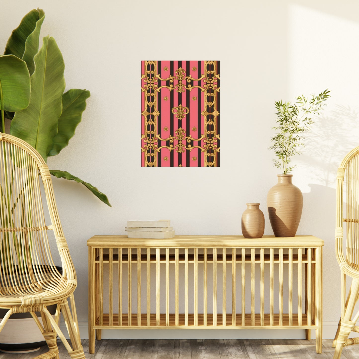 Elegant Decorative Foam Board - Chic Wall Decor, Glam Home Art, Stylish Backdrop, Gift for Her - Pink & Black Striped Gold Baroque